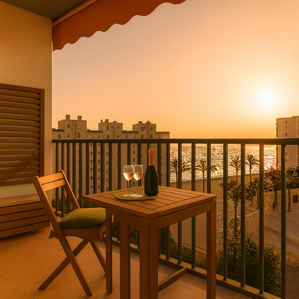 A balcony with a small wooden table, two glasses of white wine, a bottle of wine, and a chair. In the background, there is a sunset over the ocean, with palm trees and tall buildings.