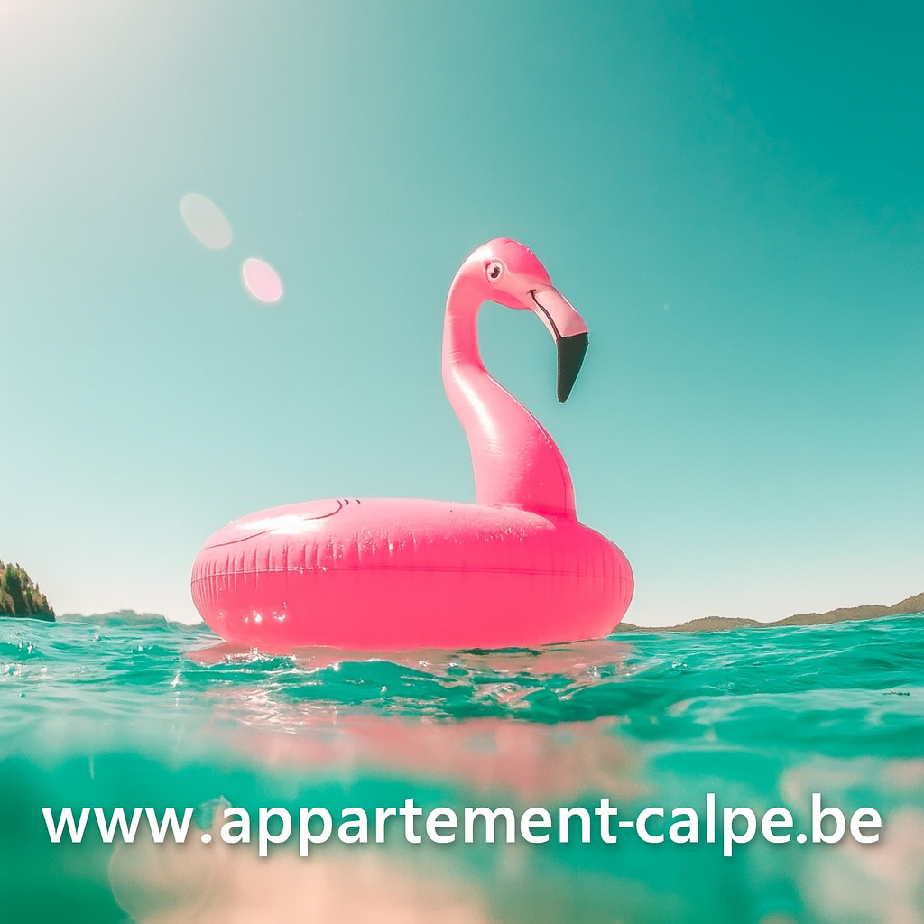 Roze flamingo‑zwemband op helder turquoise water — zomers sfeerbeeld dat past bij vakantie in Calpe.