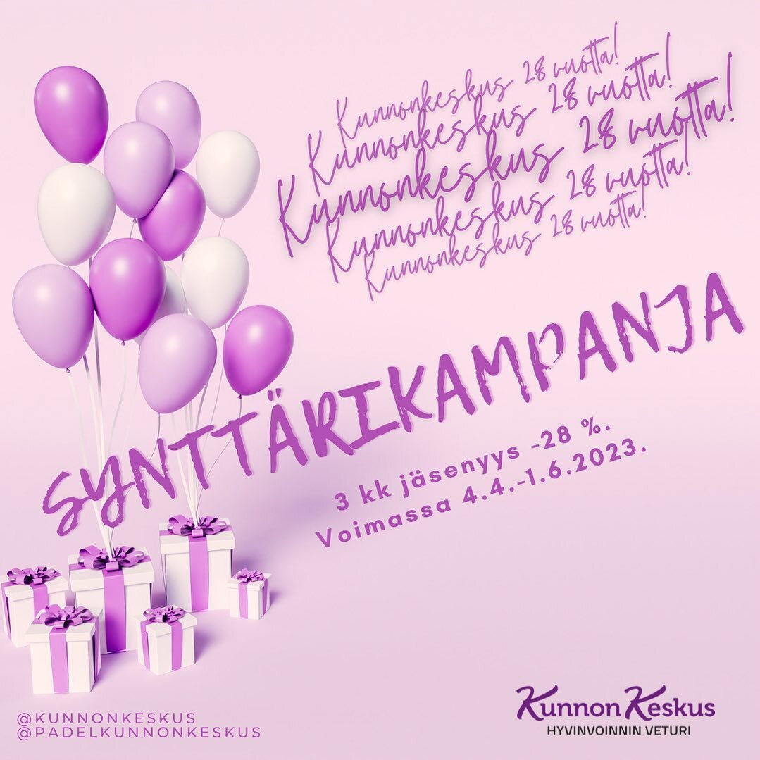 🥳KUNNONKESKUS JUHLII 28-VUOTISSYNTT&Auml;REIT&Auml;&Auml;N!🥳

Kunnonkeskus t&auml;ytt&auml;&auml; toukokuussa 28 vuotta, mink&auml; lis&auml;ksi juhlimme my&ouml;s uusien tilojemme kaksivuotissyntt&auml;reit&auml;. Aihetta juhlaan siis on, ja laita