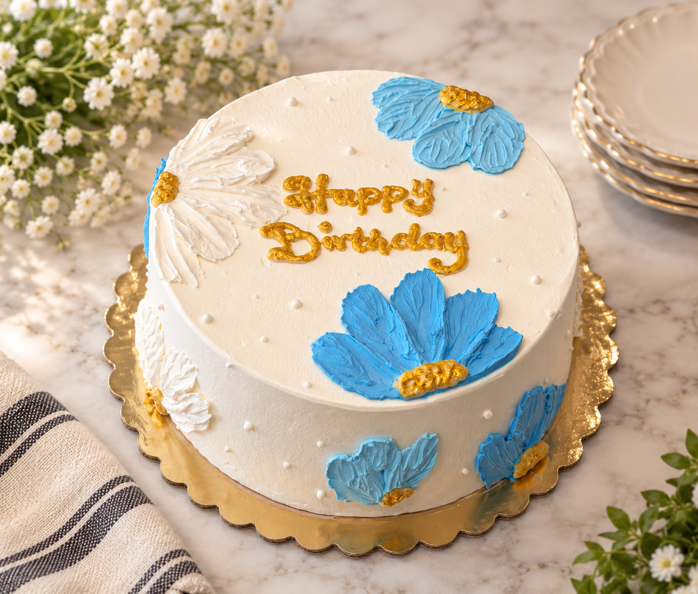 Blue & Gold Blossom Cake