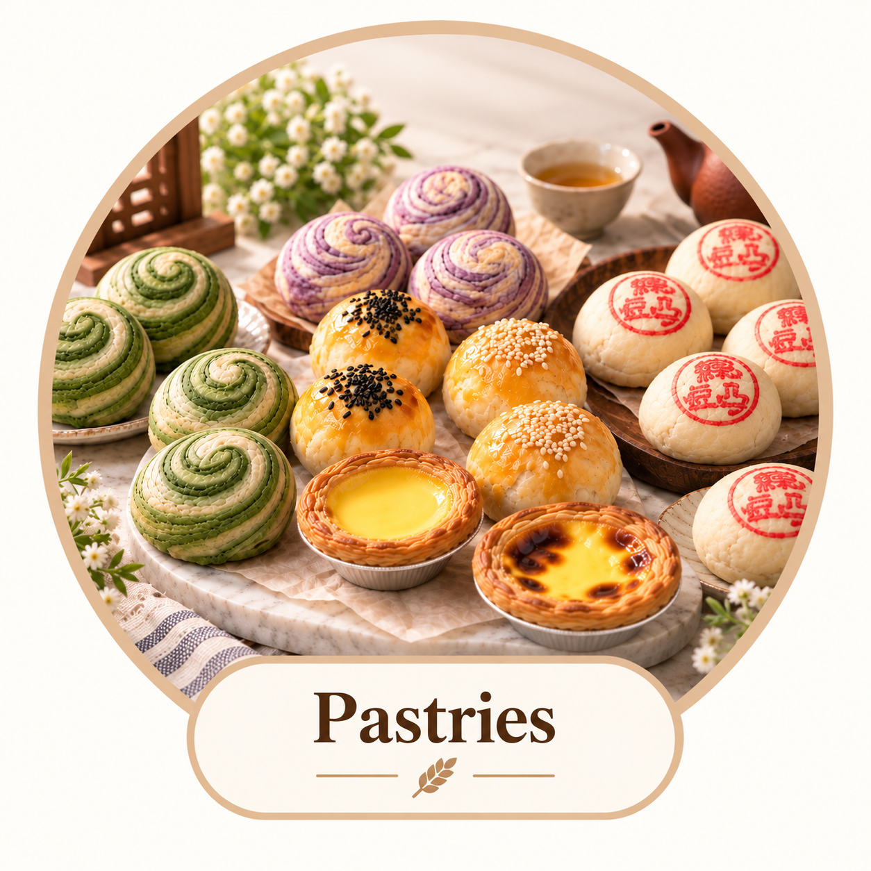 Assorted Asian pastries on a marble tray, including green and purple swirl buns, custard tarts, and buns with red stamp marks, surrounded by flowers and tea set.