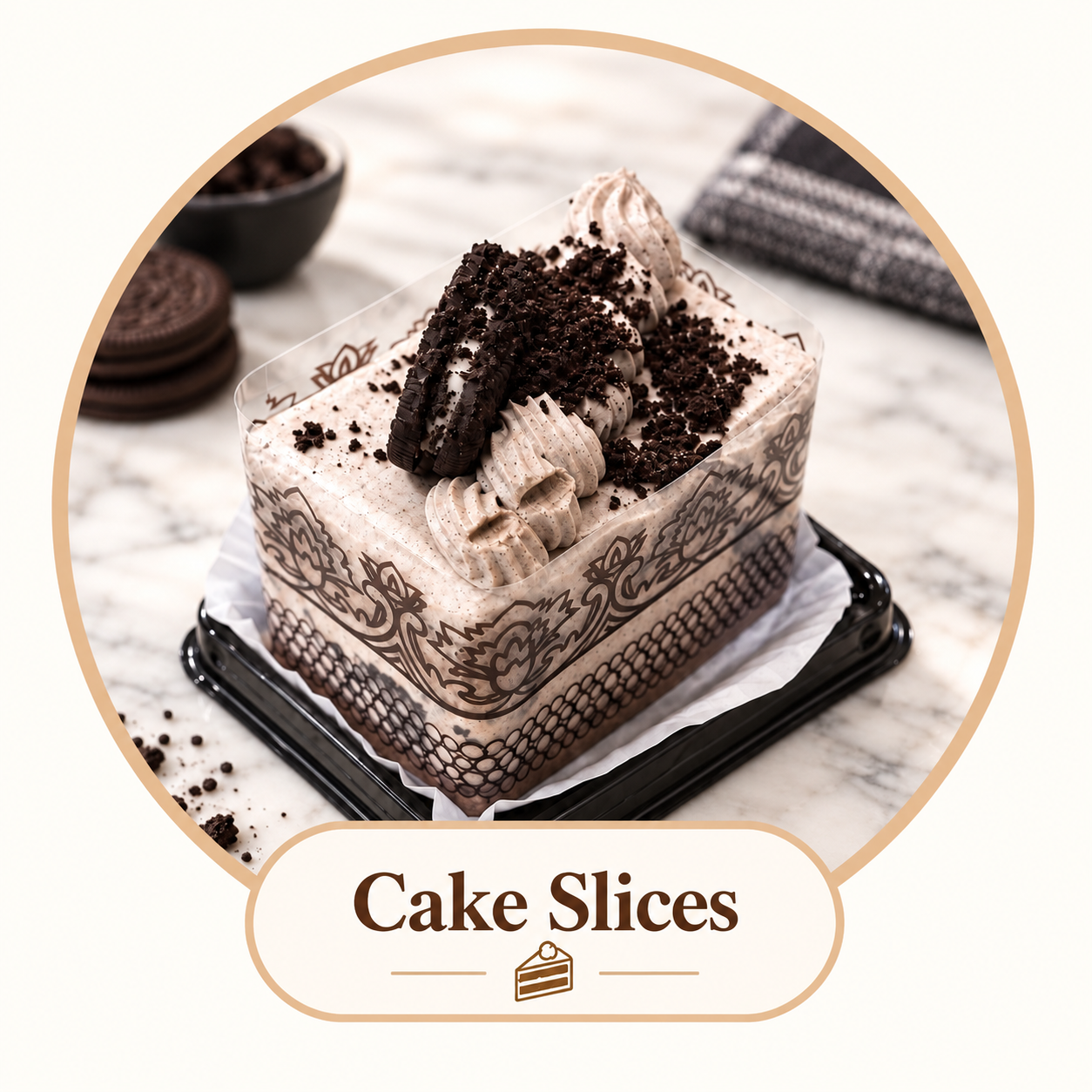 Decorative cake slices topped with whipped cream, chocolate crumbs, and Oreo cookies, placed on a marble countertop with bowls of cookies and a napkin in the background.