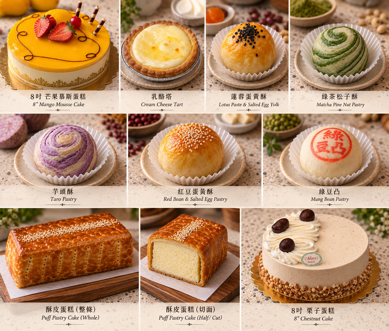 A display of Asian desserts including a mango mousse cake, cream cheese tart, lotus paste and salted egg yolk pastry, matcha pine nut pastry, taro pastry, red bean and salted egg pastry, mung bean pastry, whole and half cut puff pastry cakes, and an 8-inch chestnut cake.