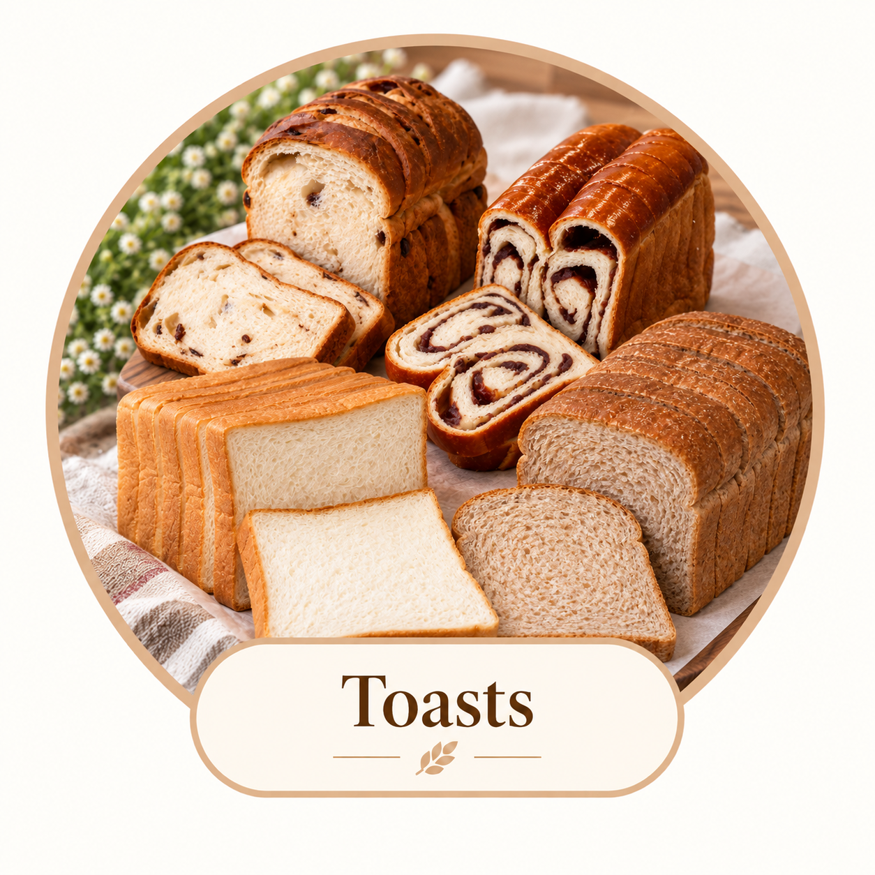Various slices of bread and bread rolls, including white bread, toasted bread, and sweet roll with chocolate filling, arranged on a tray with a flower backdrop and labeled "Toasts."