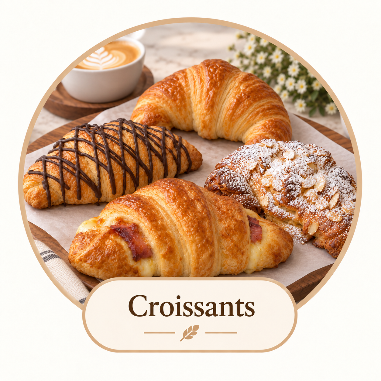 Assorted croissants on a tray with a cup of coffee and a flower in the background.