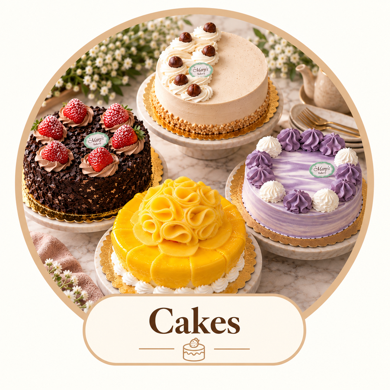 Five decorated cakes with various flavors and toppings displayed on a marble surface, surrounded by flowers and catering utensils, with a label reading 'Cakes' at the bottom.