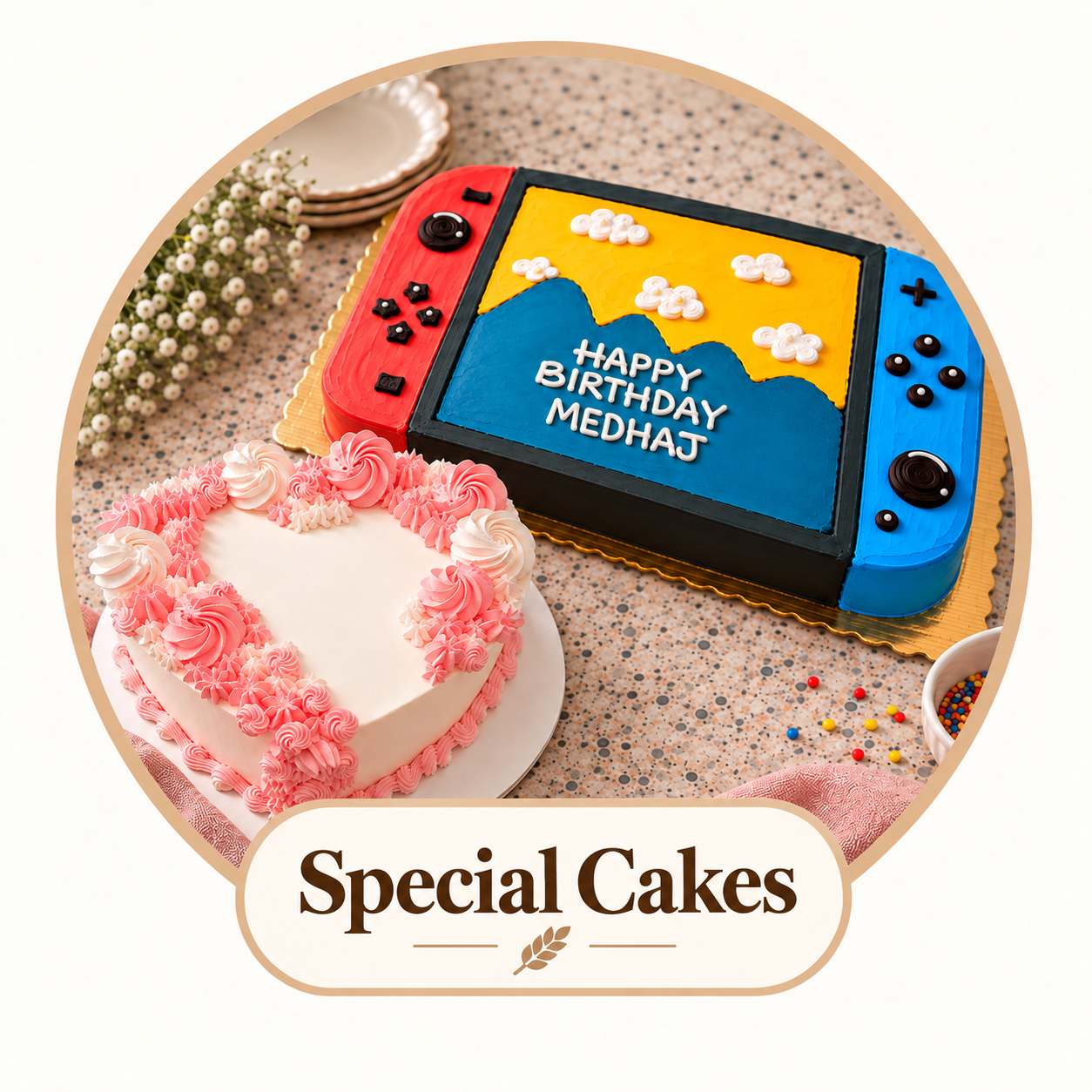 Image of two decorated birthday cakes on a speckled table, one shaped like a game console with a sunset scene and the message 'Happy Birthday Medhaj,' and the other pink and white with a heart-shaped border and pink frosting flowers, surrounded by small sprinkles and a bowl of colorful beads, with a label 'Special Cakes' at the bottom.