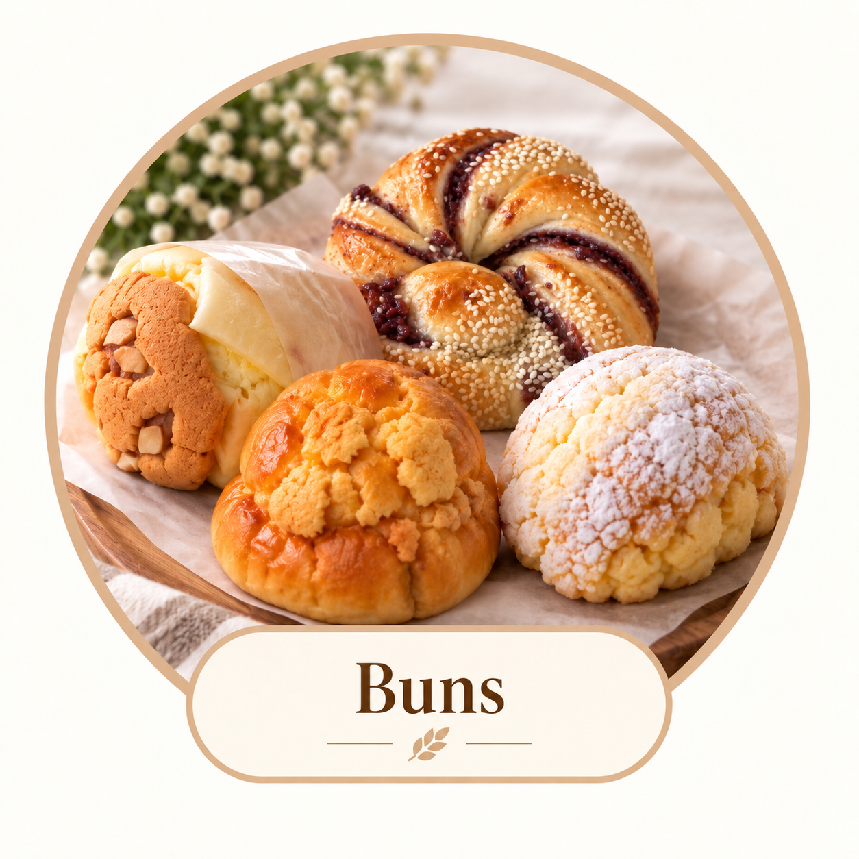 Assorted baked buns on a tray, including a sesame seed-topped spiral bun, a cream-filled bun with a cookie topping, a crumbly cheese bun, an orange-glazed sweet bun, and a powdered sugar-dusted muffin-style bun, with a lavender flower in the background.