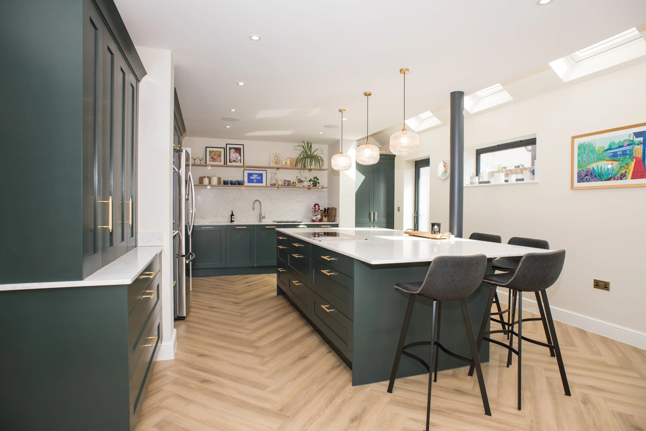 Kitchen island with side extension Velux roof windows.JPG