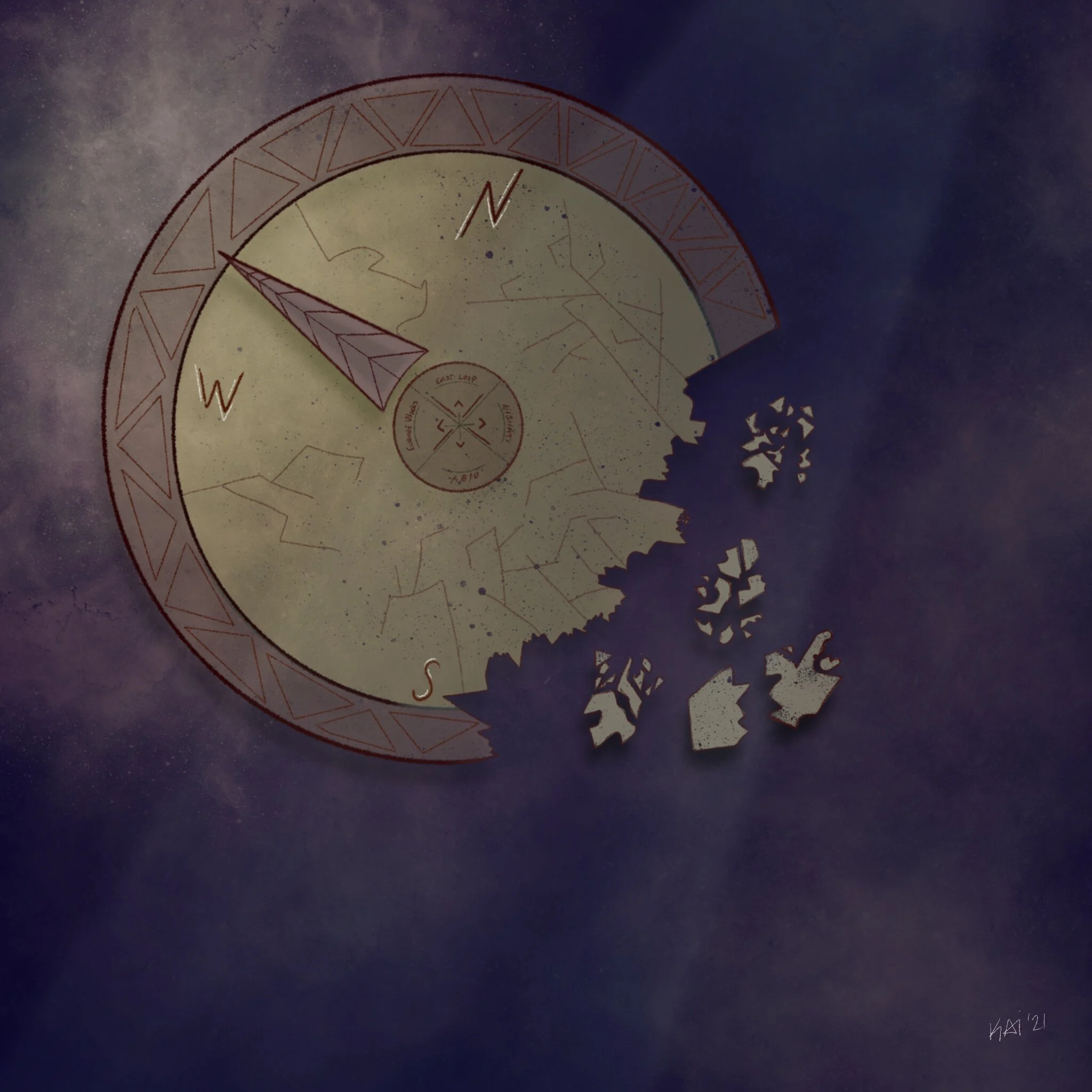 Digital illustration of a broken compass.