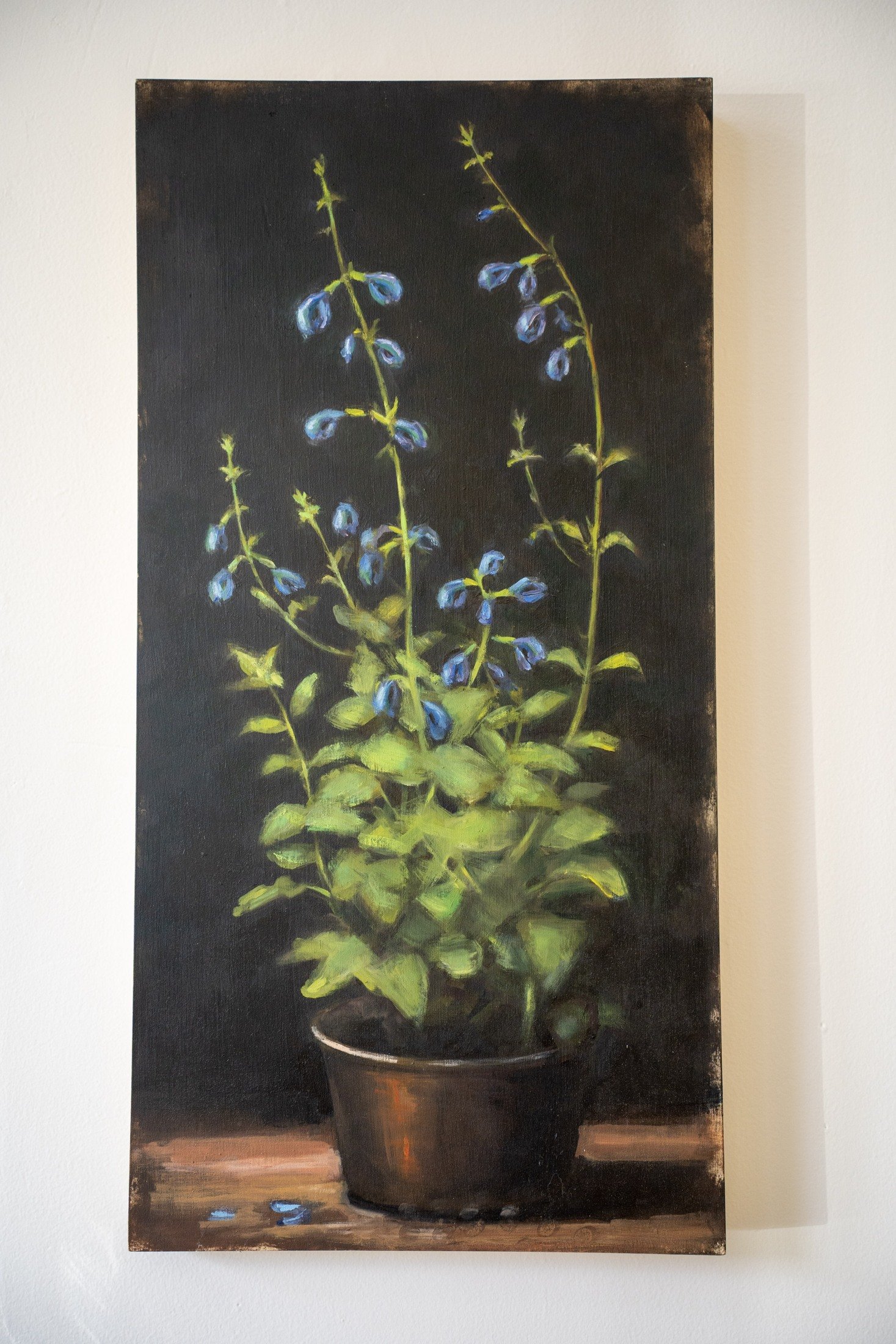RACHELE NYSSEN  Blue Flowers / Tall Plant  Oil on cradled panel 24 x 12 inches $950