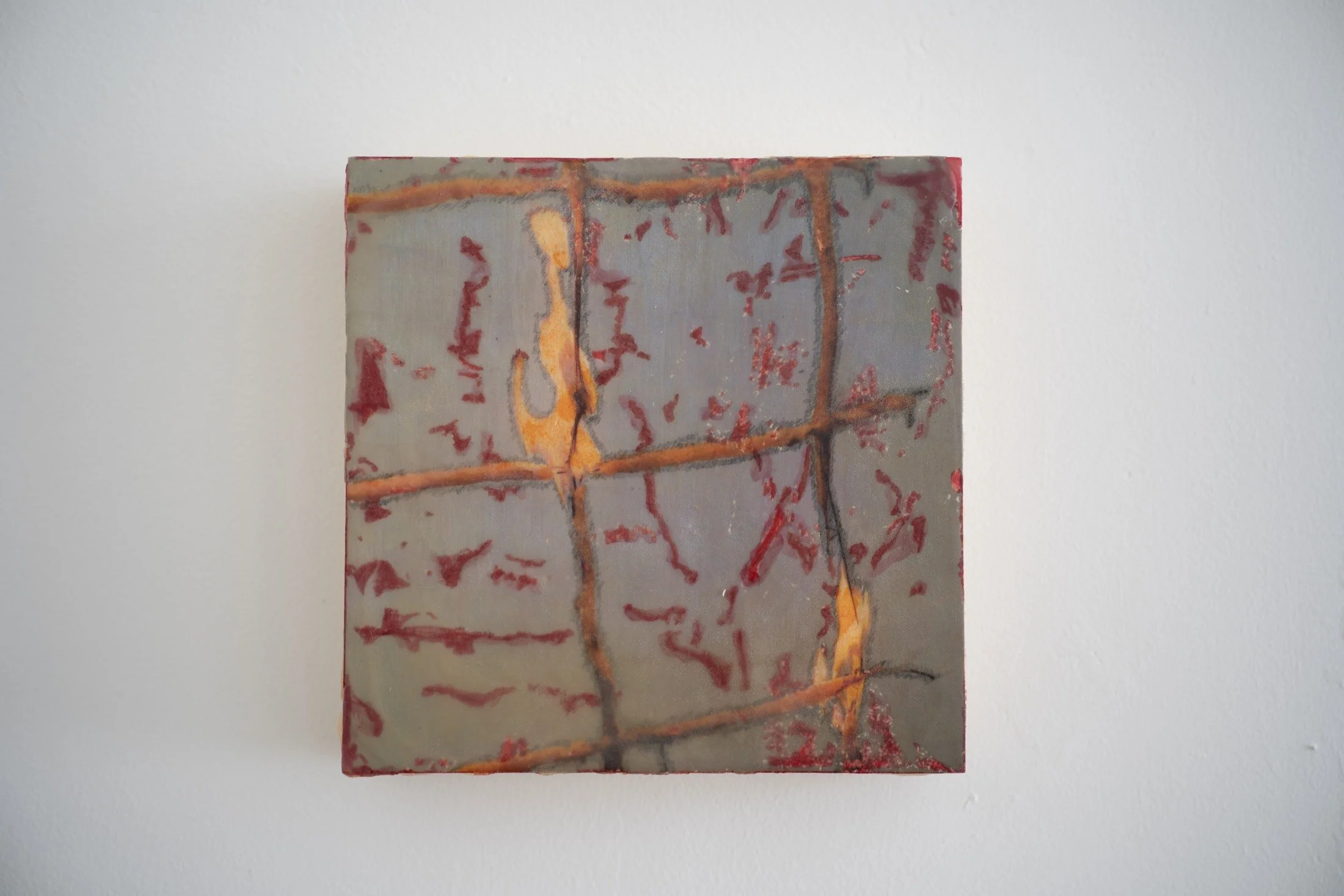 ALEX EHMER  Flamin Hot, 2026  Inkjet photo transfer, highlighter, marker, wax on board 8 x 8 inches $850