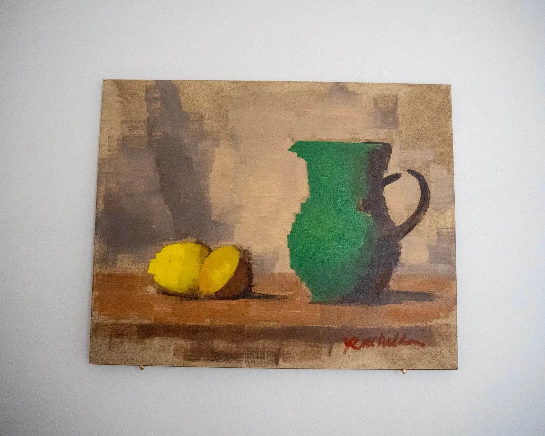 RACHELE NYSSEN  Small Green Vase + Yellow Fruit  Rough study – Oil on panel 8 x 10 inches $375