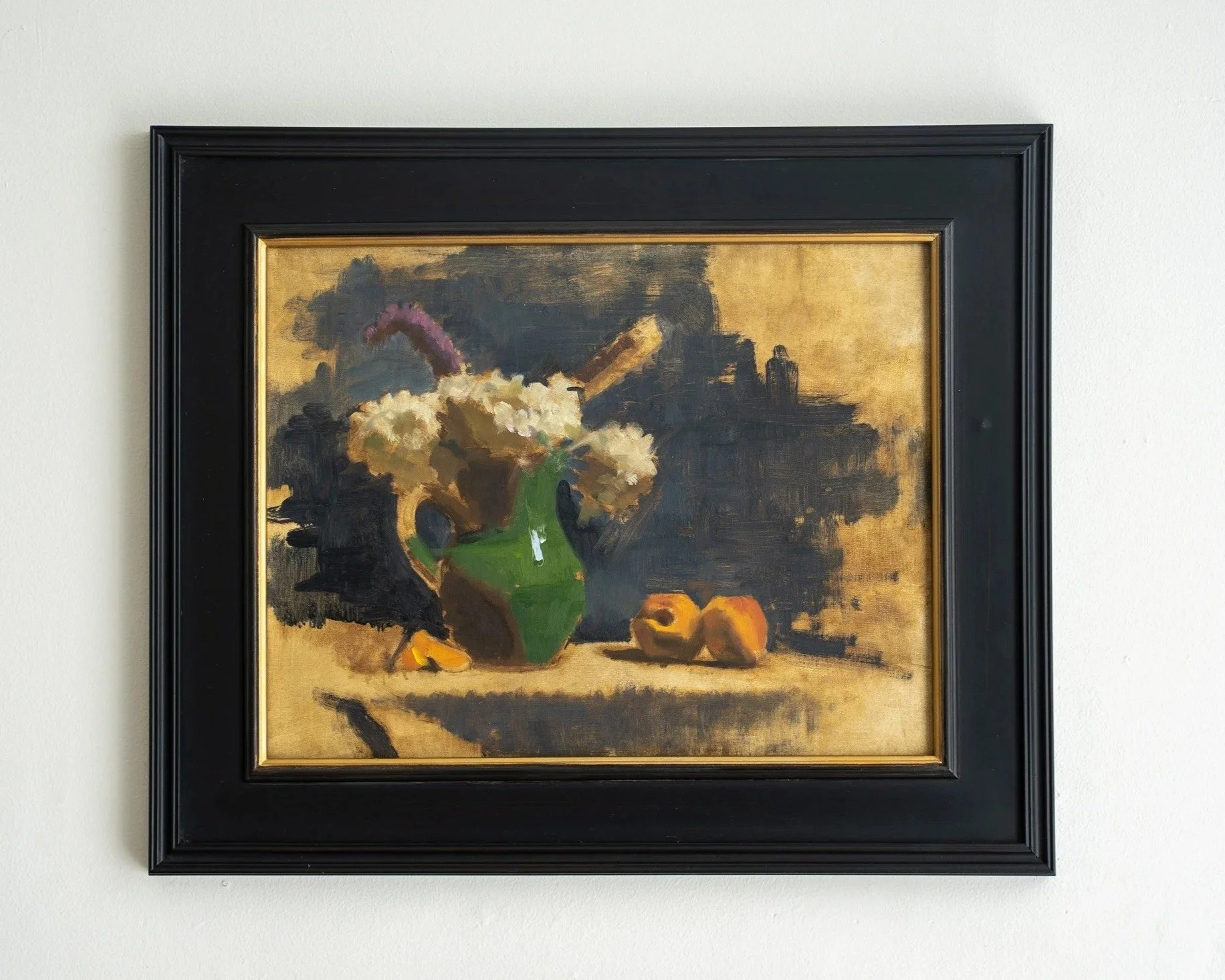 RACHELE NYSSEN  Green Vase, Hydrangeas + Peaches  Demo painting – Oil on linen panel 11 x 14 inches $1,250