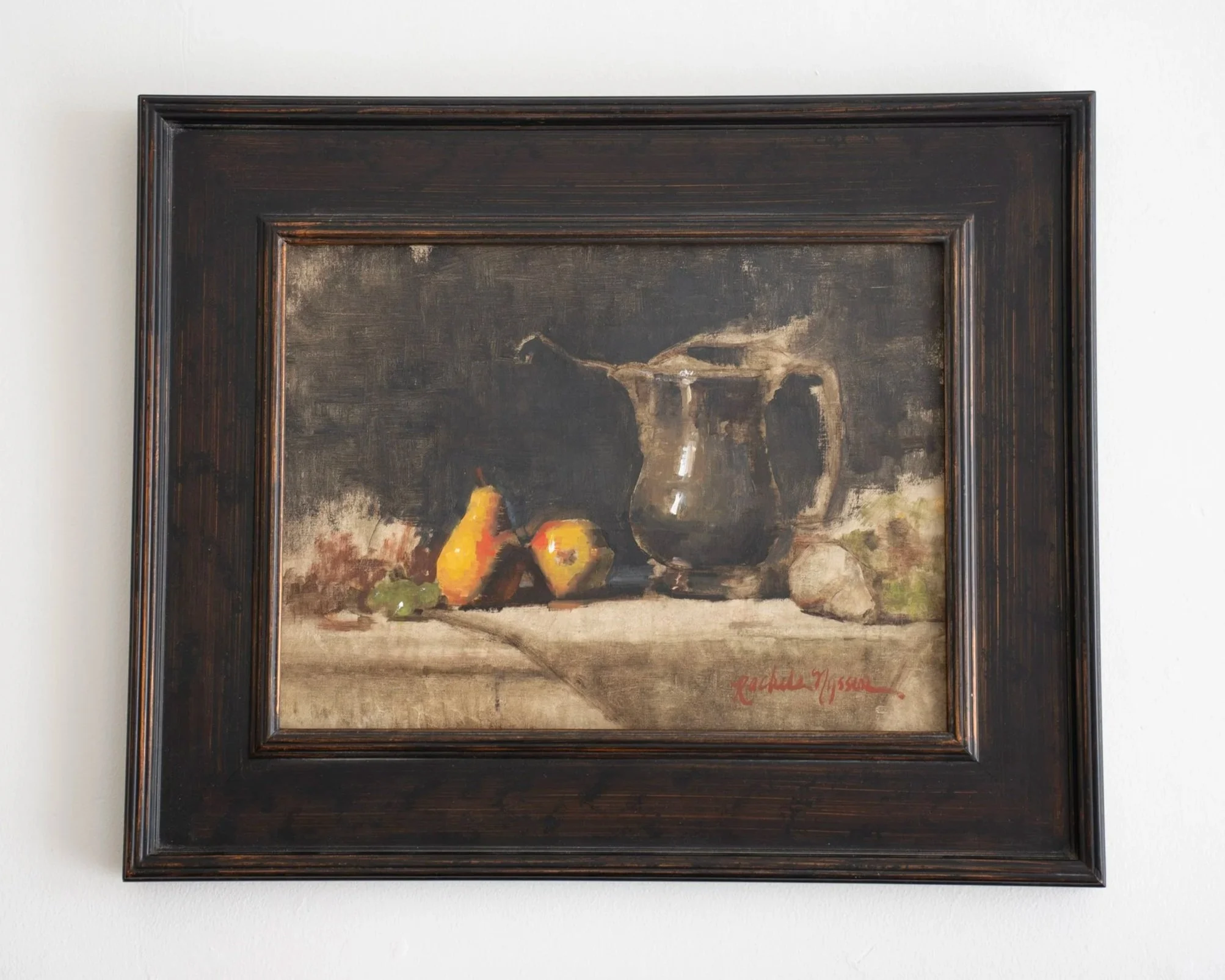 RACHELE NYSSEN  Silver Pitcher + Pears  Demo painting – Oil on panel 14 x 18 inches $1,350