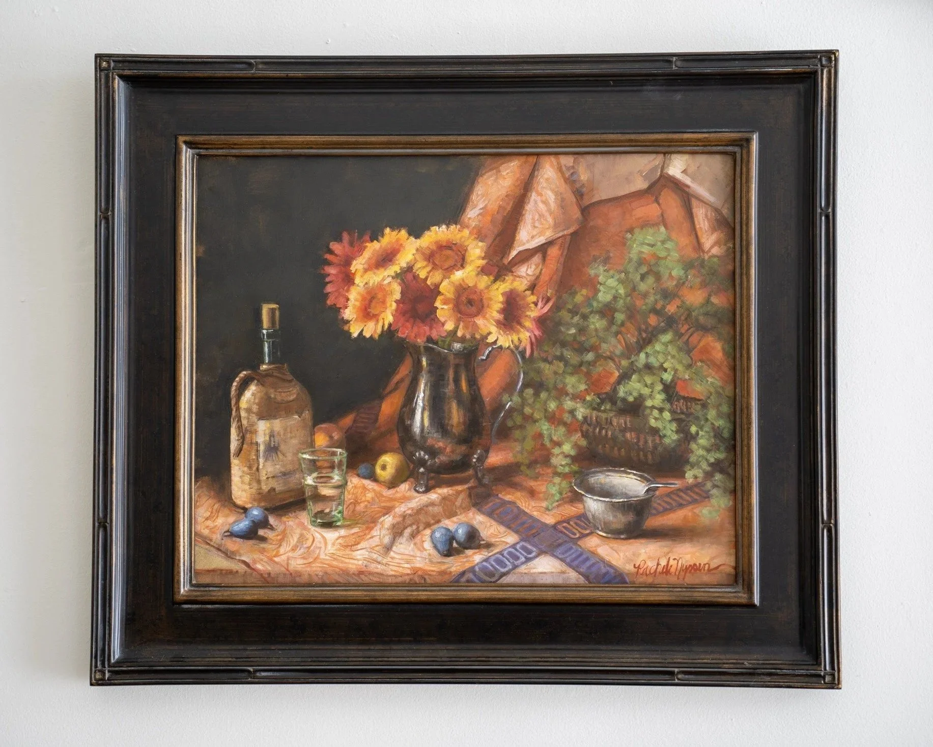 RACHELE NYSSEN  Warm Still Life with Flowers, Silver Pitcher + Bottle  Oil on panel 16 x 20 inches $3,200