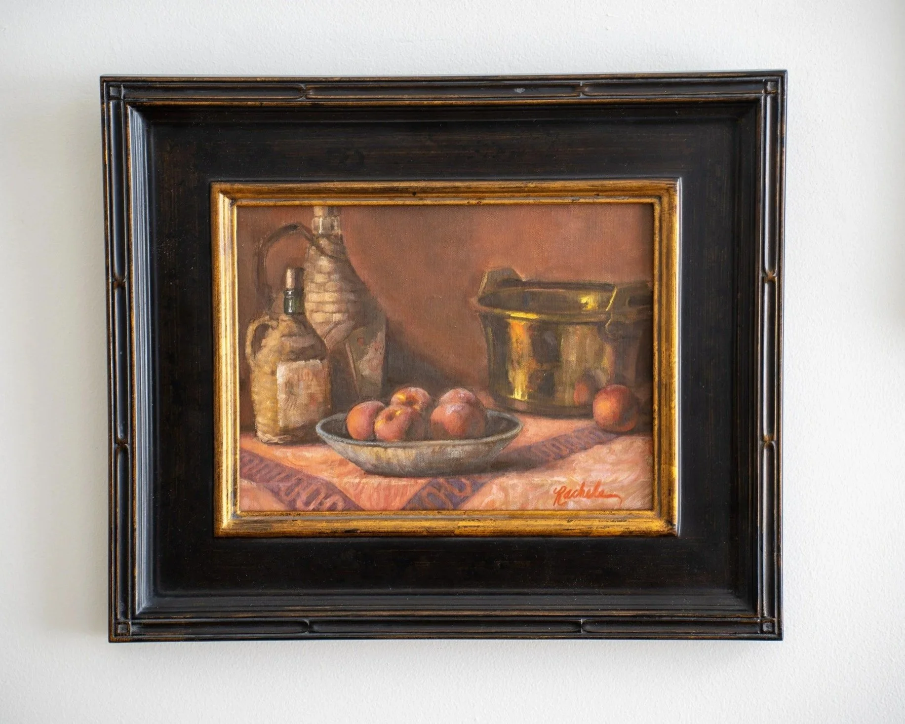 RACHELE NYSSEN  Warm Still Life with Bowl of Peaches + Vessels  Oil on panel 9 x 12 inches $1,080