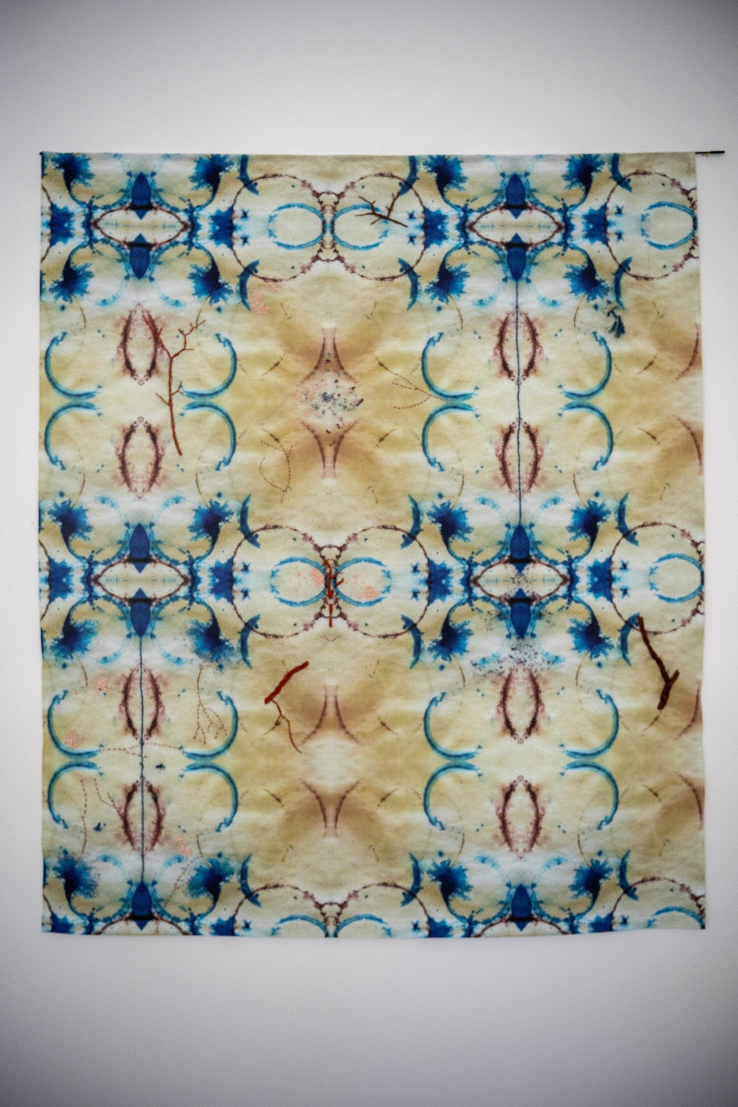JENNIFER BROOKE STUART  Engender  Watercolor painting printed on fabric and embroidered 42 x 42 inches $1,500