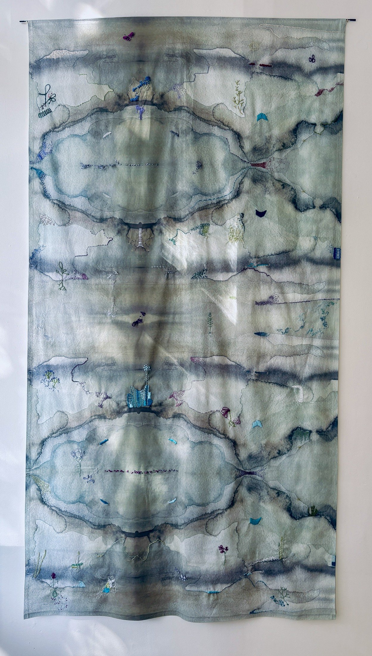 JENNIFER BROOKE STUART  Vista  Watercolor painting printed on fabric and embroidered 78 x 41 inches $2,000
