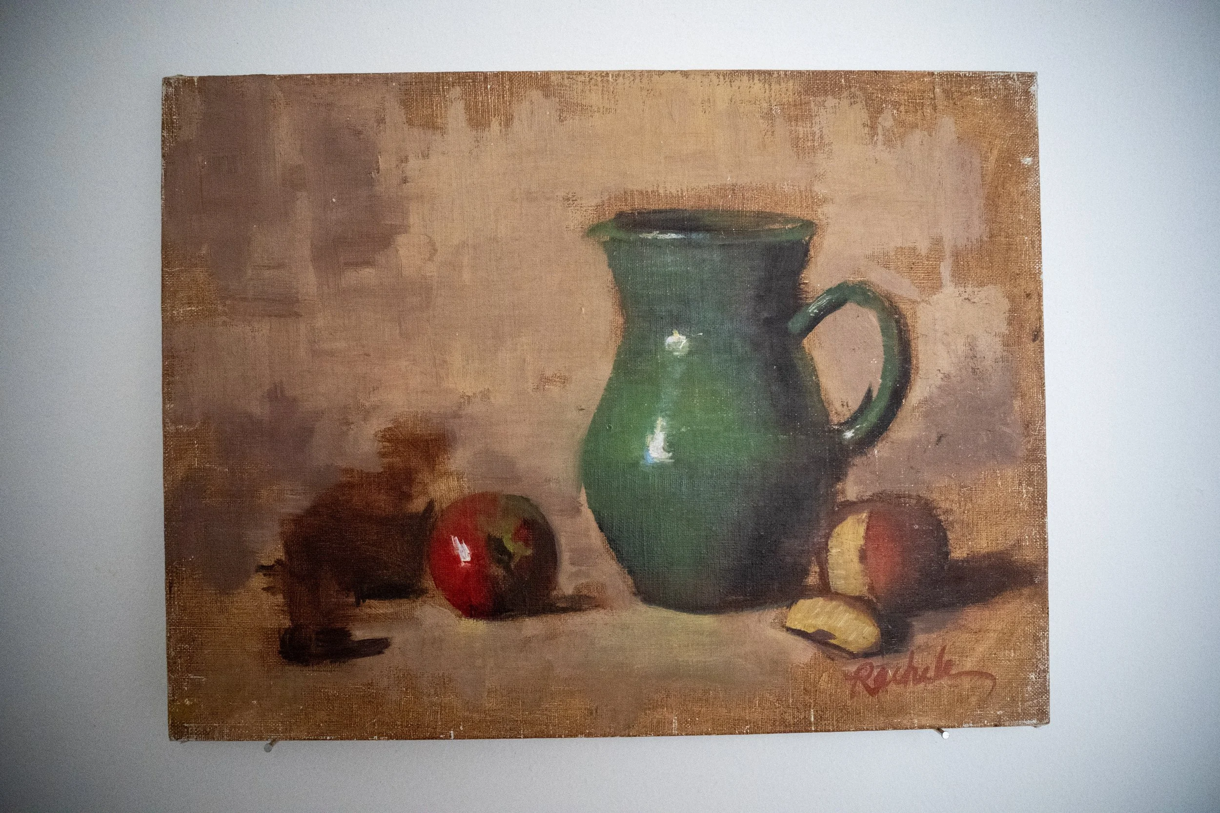 RACHELE NYSSEN  Green Vase + Apples  Demo study – Oil on canvas 9 x 12 inches $450