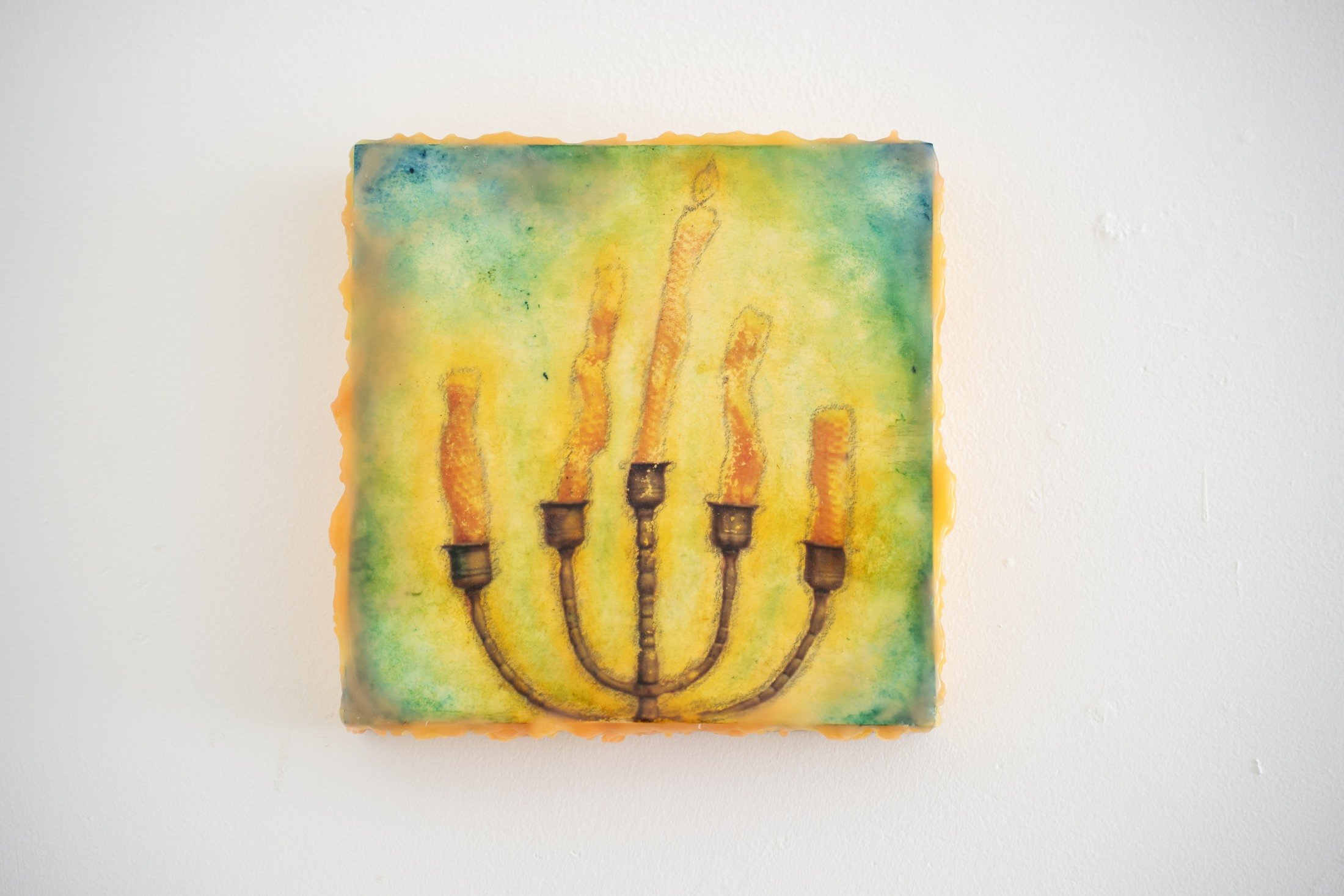 ALEX EHMER  Burnt, 2026  Inkjet photo transfer, highlighter, watercolor, wax on board 8 x 8 inches $850