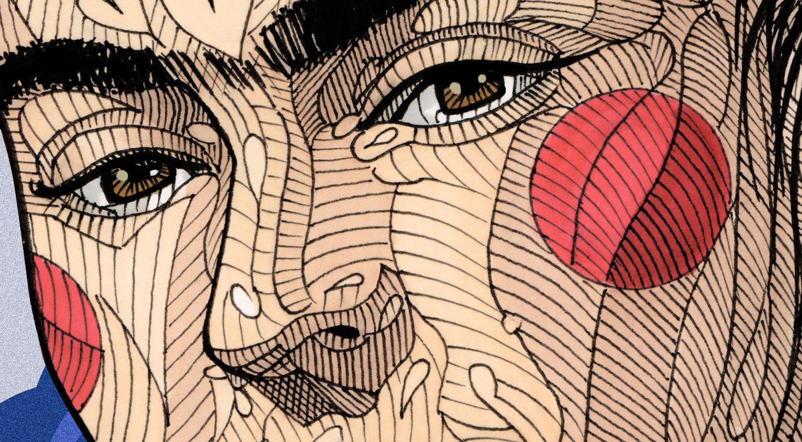 Close-up of a colorful abstract line drawing of a woman's face, with large eyes, red cheeks, and black hair, on a beige background.