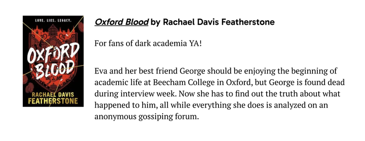 Book Riot features OXFORD BLOOD by Rachael Davis-Featherstone on list ...