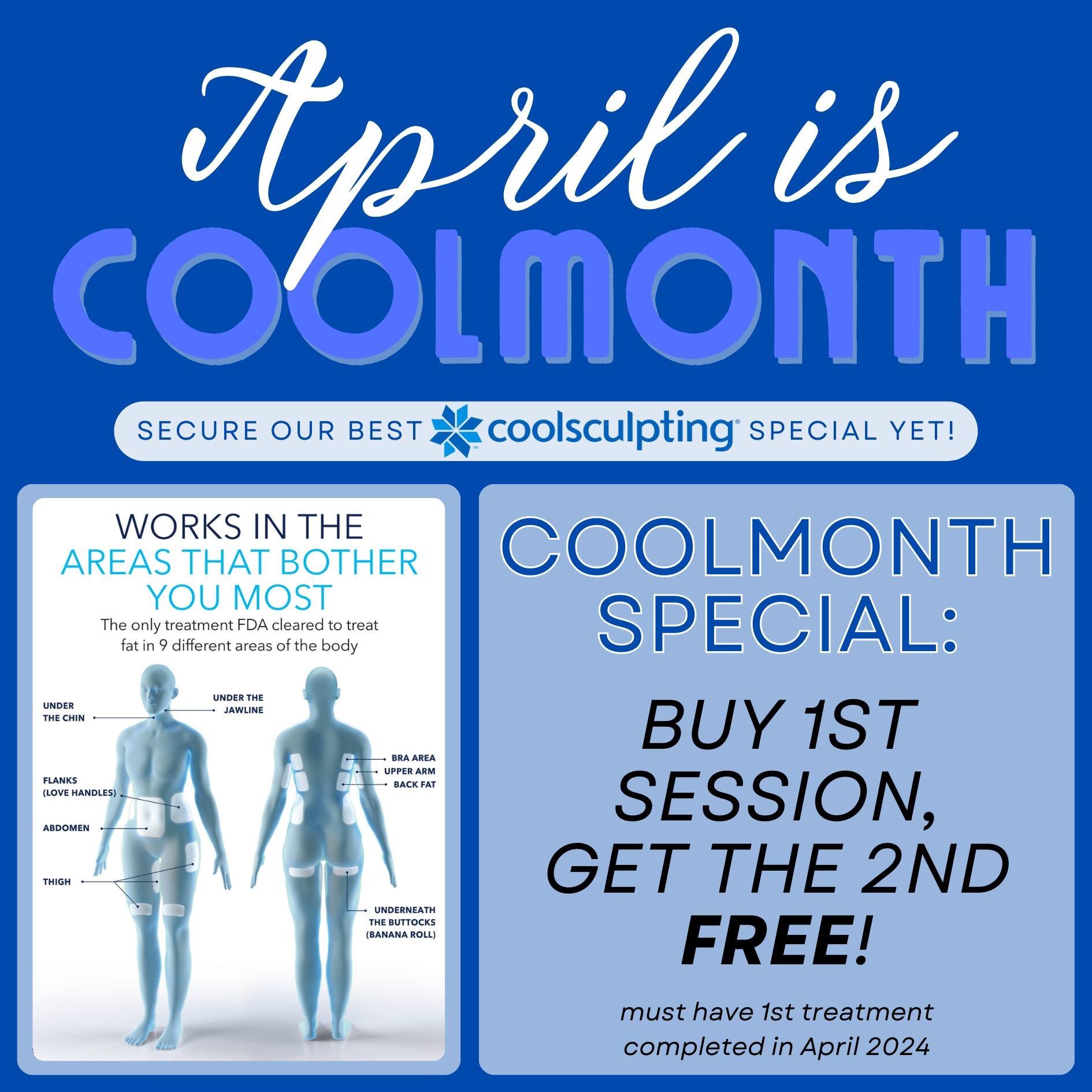 ❄️ CoolSculpting Elite Specials ALL MONTH LONG! ❄️

April is CoolMonth at Infinity MedSpa in Charlotte, NC!

COOLMONTH SPECIAL:
💙 Buy 1st session, get 2nd session FREE!

*Must have 1st treatment completed in April 2024
*Cannot be combined with anoth