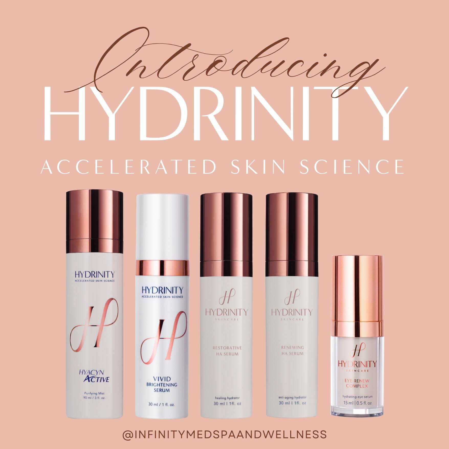 Infinity MedSpa is now carrying Hydrinity products! 😍💕
... and we are OBSESSED!

Hydrinity products:
💛 Hyacyn Active
💛 Vivid Brightening Serum
💛 Restorative Serum
💛 Renewing Serum
💛  Eye Renew Serum

Purchase in-store, online or over the phone