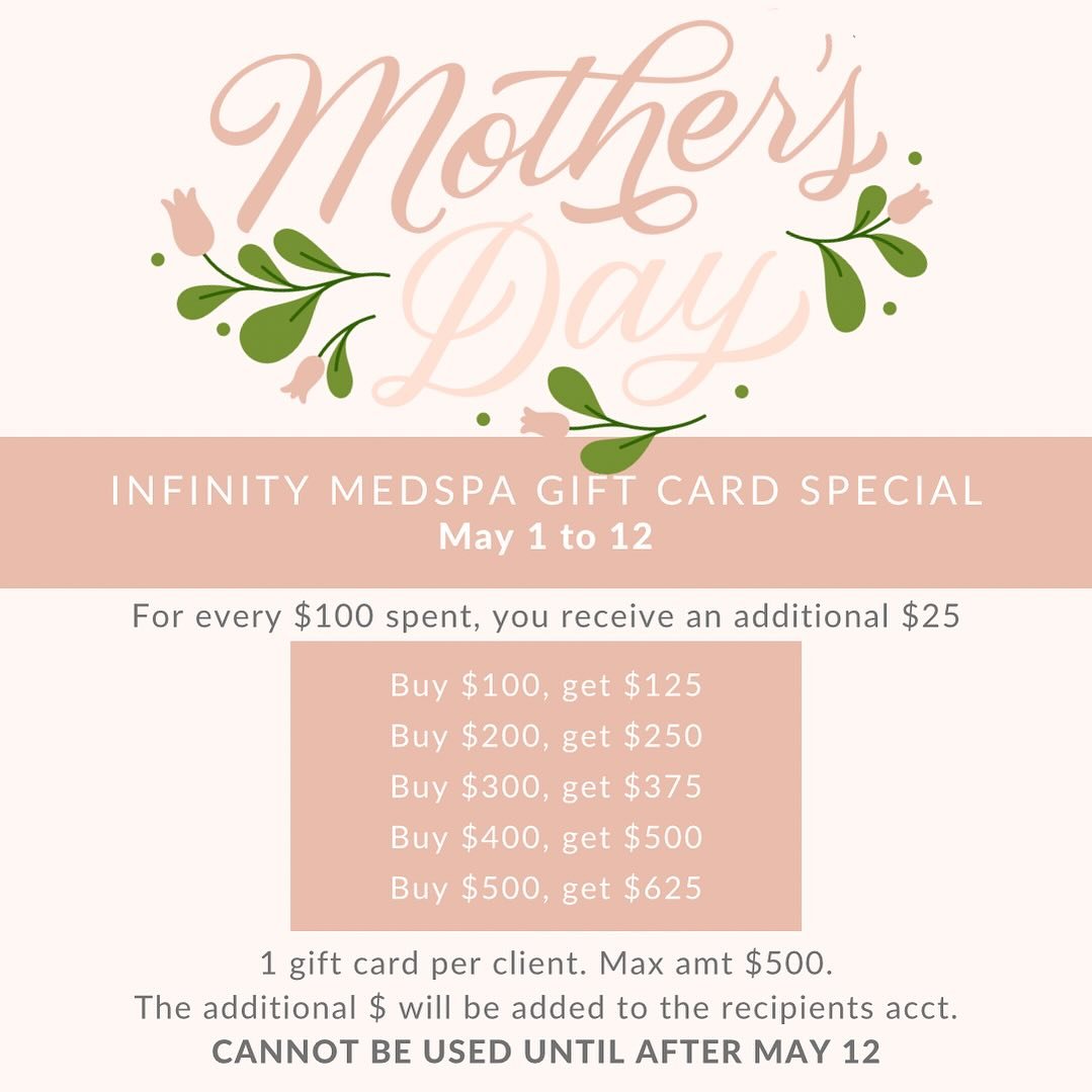 Mark your calendars!
🗓️ Wednesday, MAY 1!

Mother&rsquo;s Day Gift Card Special will be live at 9am!🎉

For every $100 spent, you receive an additional $25 added to your gift card!

⭐️ Buy $100, get $125 gift card
⭐️ Buy $200, get $250 gift card
⭐️ 