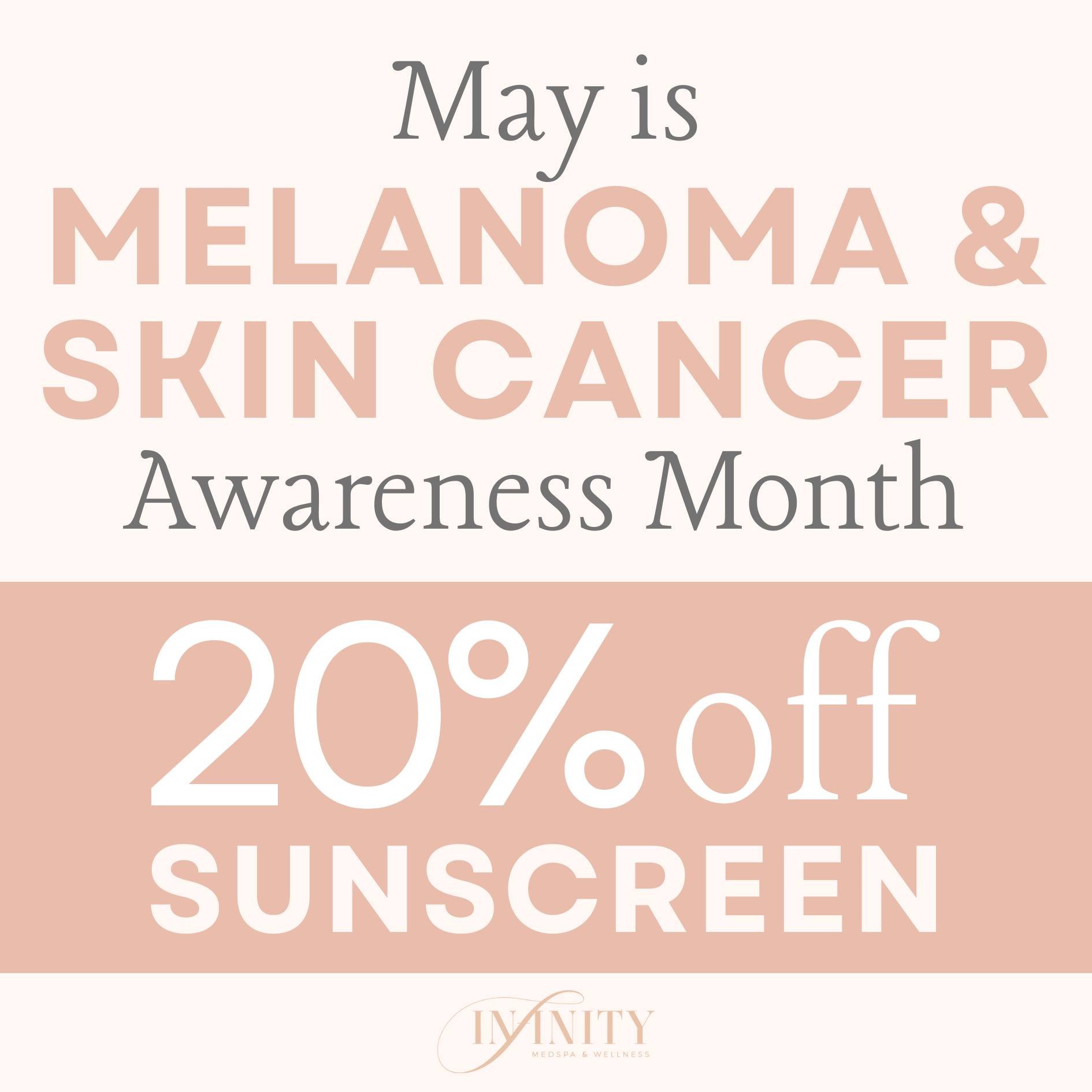 May is Melanoma &amp; Skin Cancer Awareness Month!

SUNSCREEN IS 20% OFF ALL MONTH!

🌞 Stock up for the summer! 🌞

➡ Purchase online, over the phone or at the medspa!

#infinitymedspaandwellness #charlottenc #medspacharlotte #sunscnreen #sunscreens