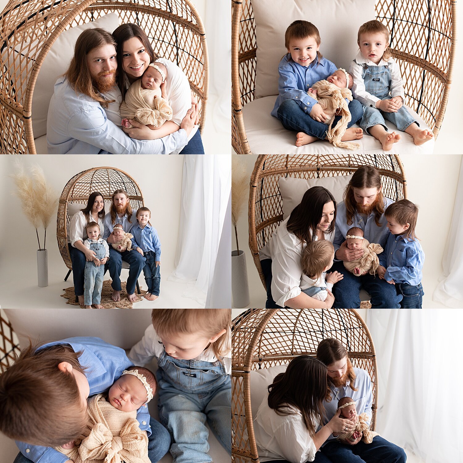 newborn and family photoshoot, photo collage of new baby girl with parents and brothers