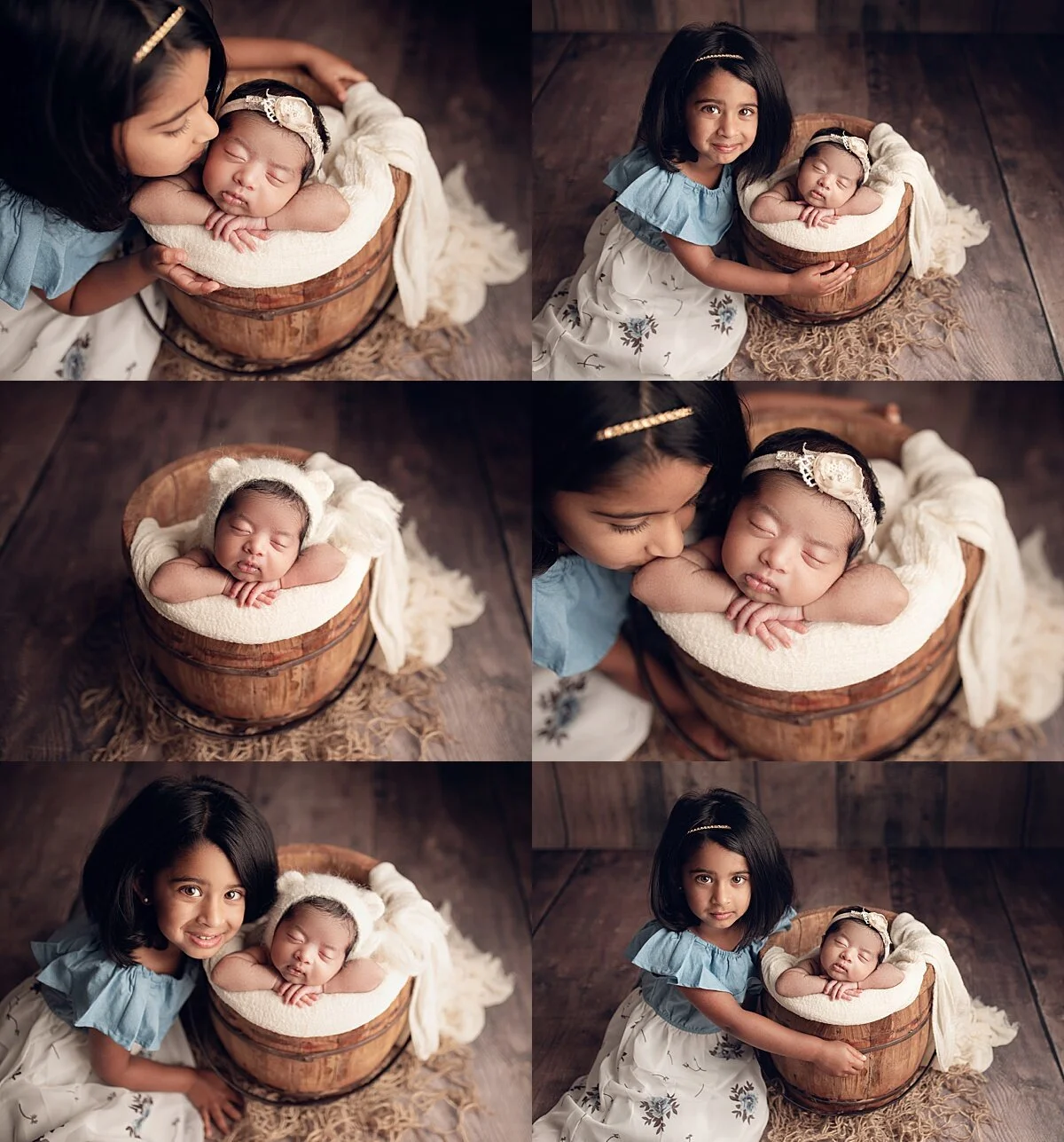 Indian newborn posed in honey bucket, luneberry honey bucket, red owl cheesecloth wrap used in. bucket, edina mn newborn photographer, Indian Americans in edina mn, big sister posed with newborn sister, baby posed in bucket with sibling for photo, s…