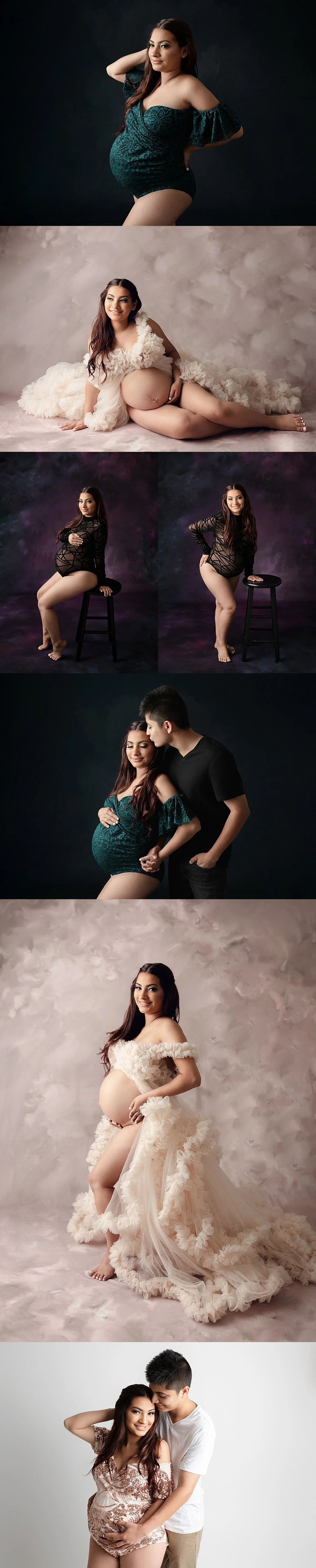green bodysuit for maternity photography, Latina maternity photography, lacy bodysuit for pregnancy photography, bodysuit from sew trendy accessories in use, Latina model, spanish model, dress from Katharina hakaj couture in use, coco gown in ivory,…