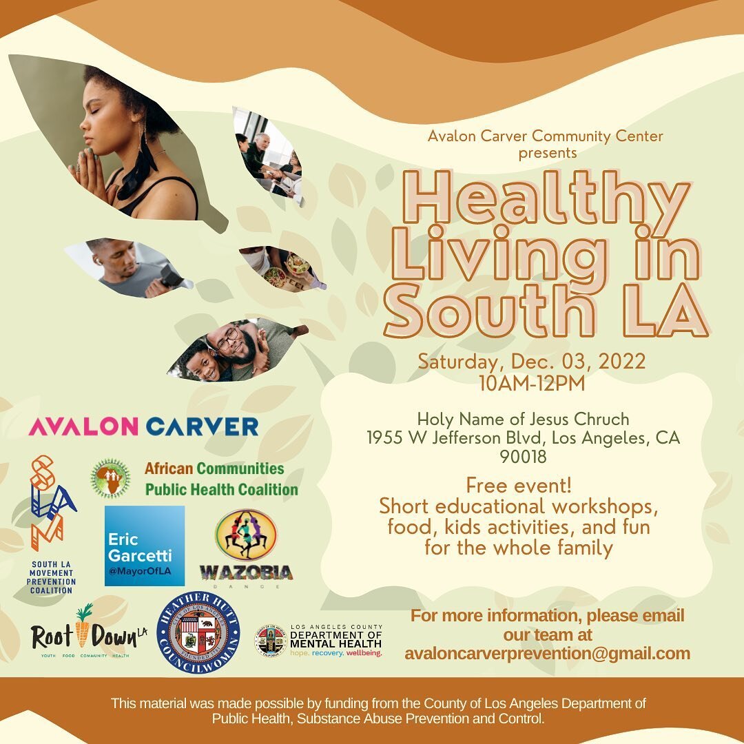 Healthy Living in South LA  is an event tailored to provide our stakeholders with information and resources around living a healthy lifestyle ranging from substance abuse prevention to how to eat healthy.&nbsp;There will be music, massages, short edu