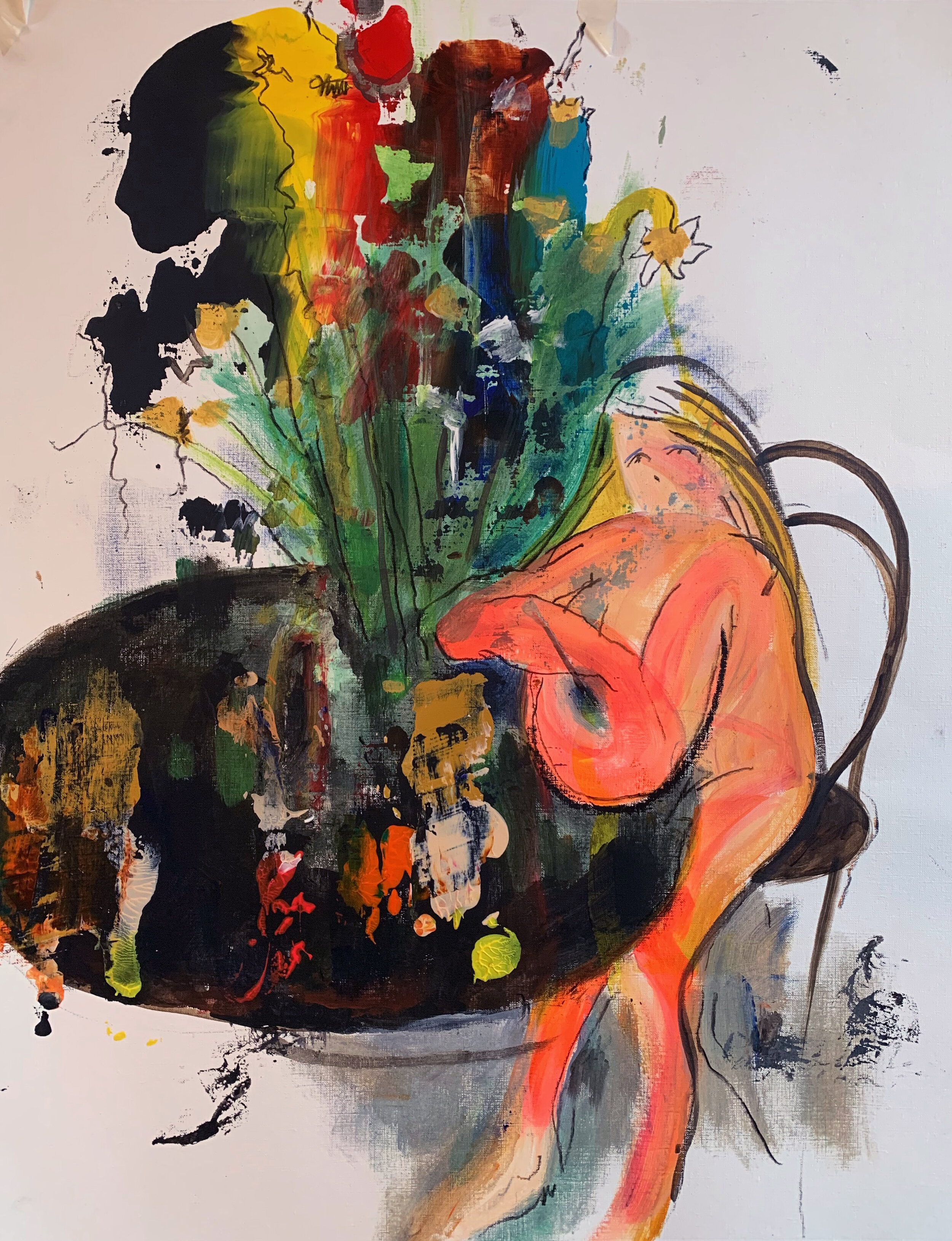 Stoeltje, tafel, vrouw, bosje bloemen