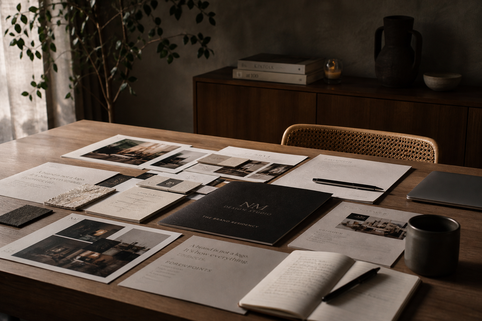 A wooden table with various design materials, including printed images, sketches, and presentation boards, in a cozy, well-lit room.