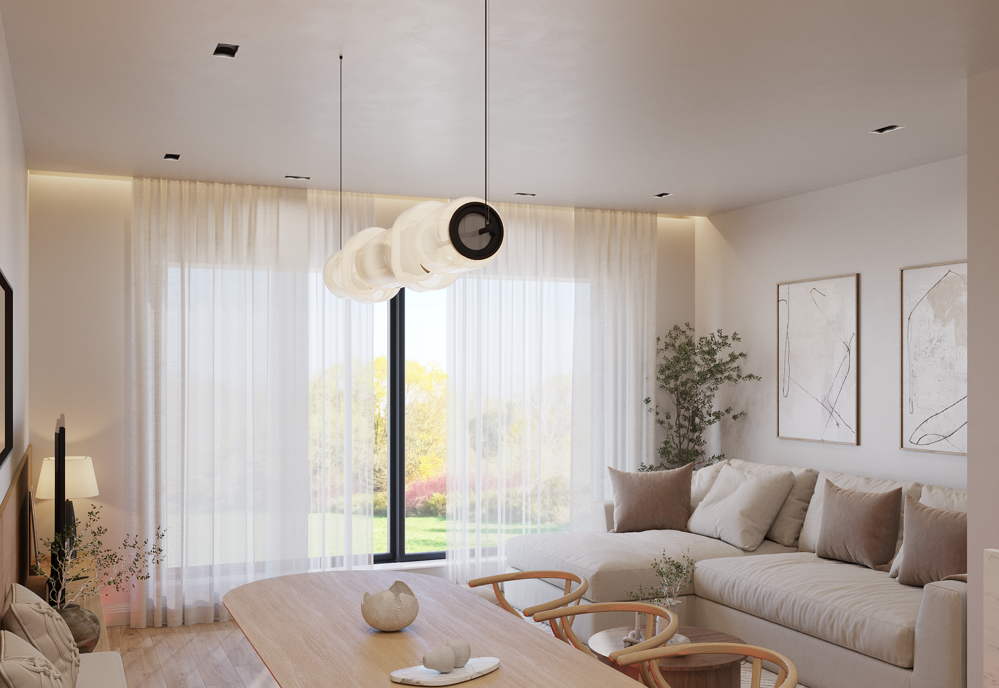Modern living room with white sectional sofa, wooden coffee table, abstract wall art, potted plant, and large window with sheer curtains