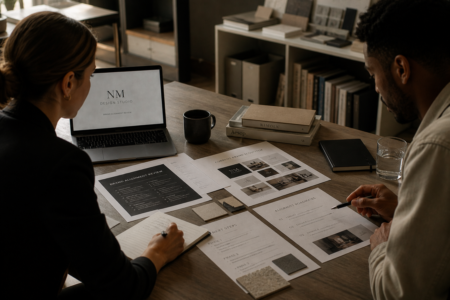 Two people working on a design project at a wooden desk, surrounded by papers, books, and a laptop; the laptop displays 'NM Design Studio'.