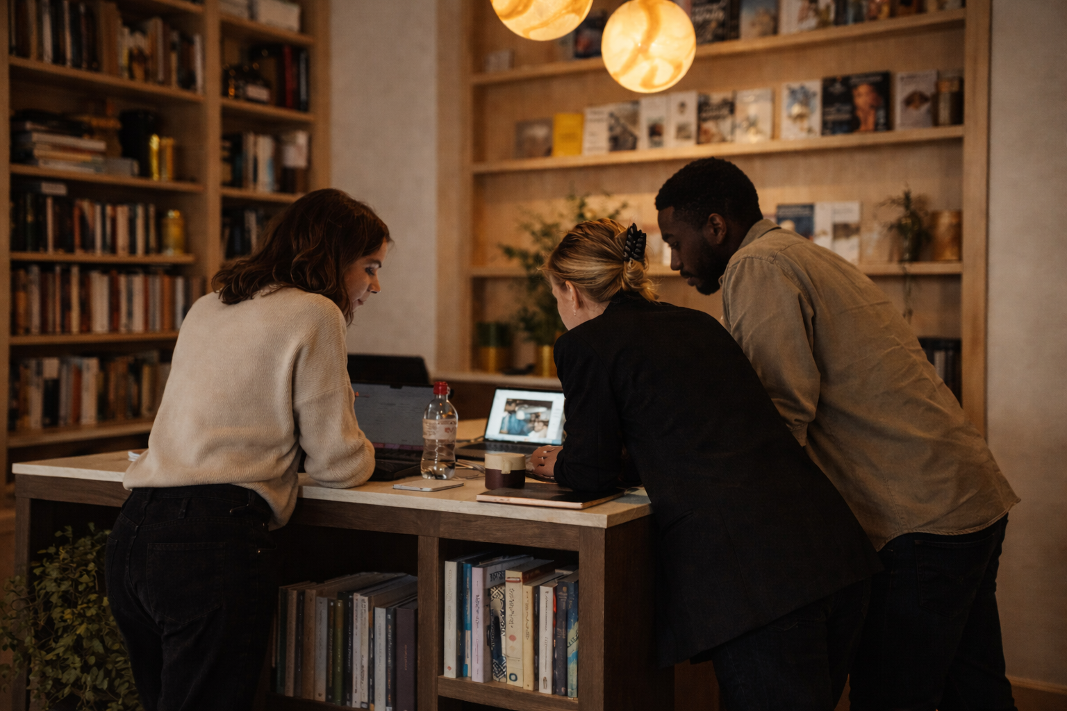 Three women and one man gathered around a table, looking at a laptop and documents in a cozy library or bookstore setting with shelves filled with books and warm lighting.