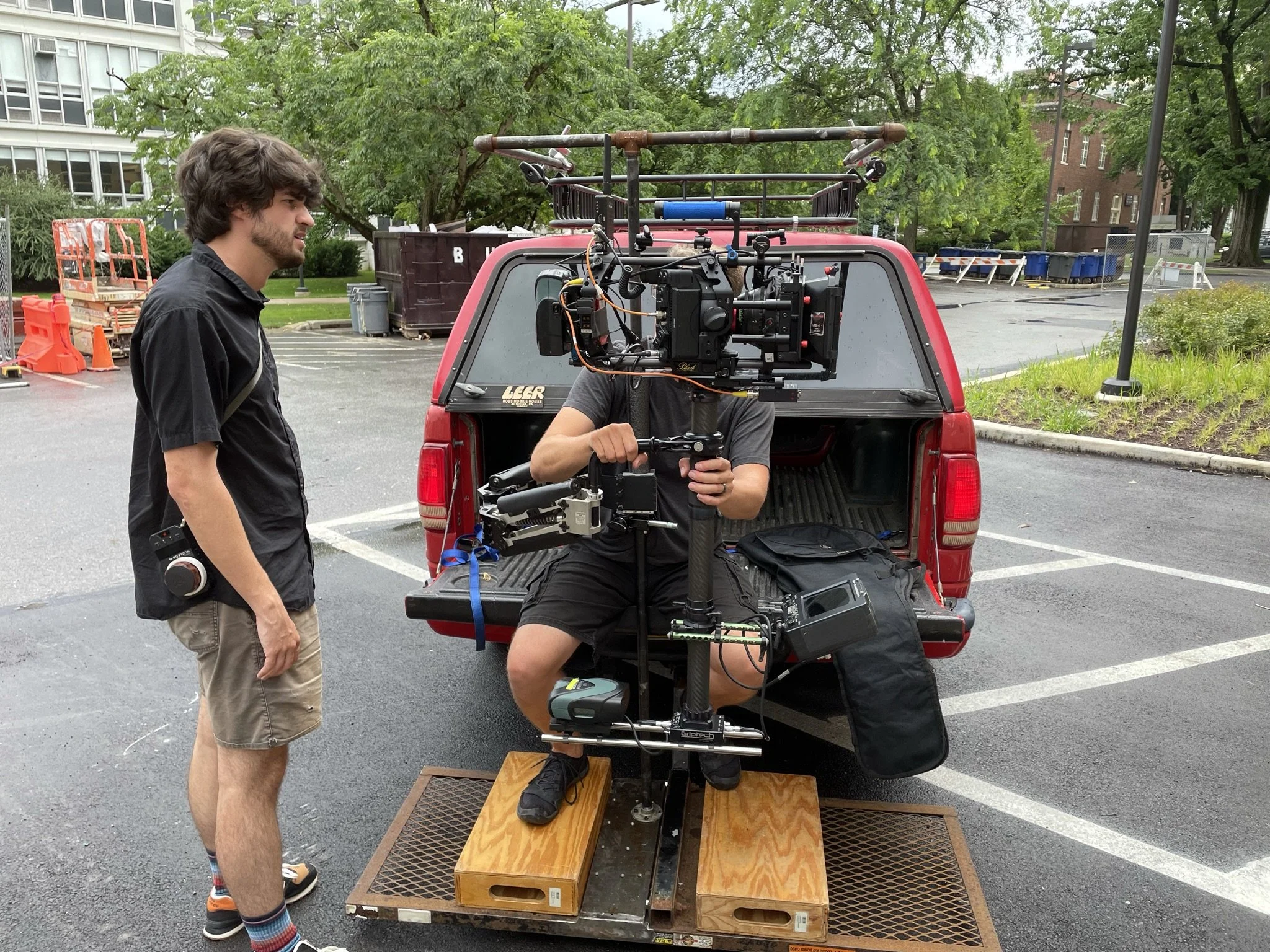 A custom platform built to keep a steadicam operator safe on the back of a truck. 