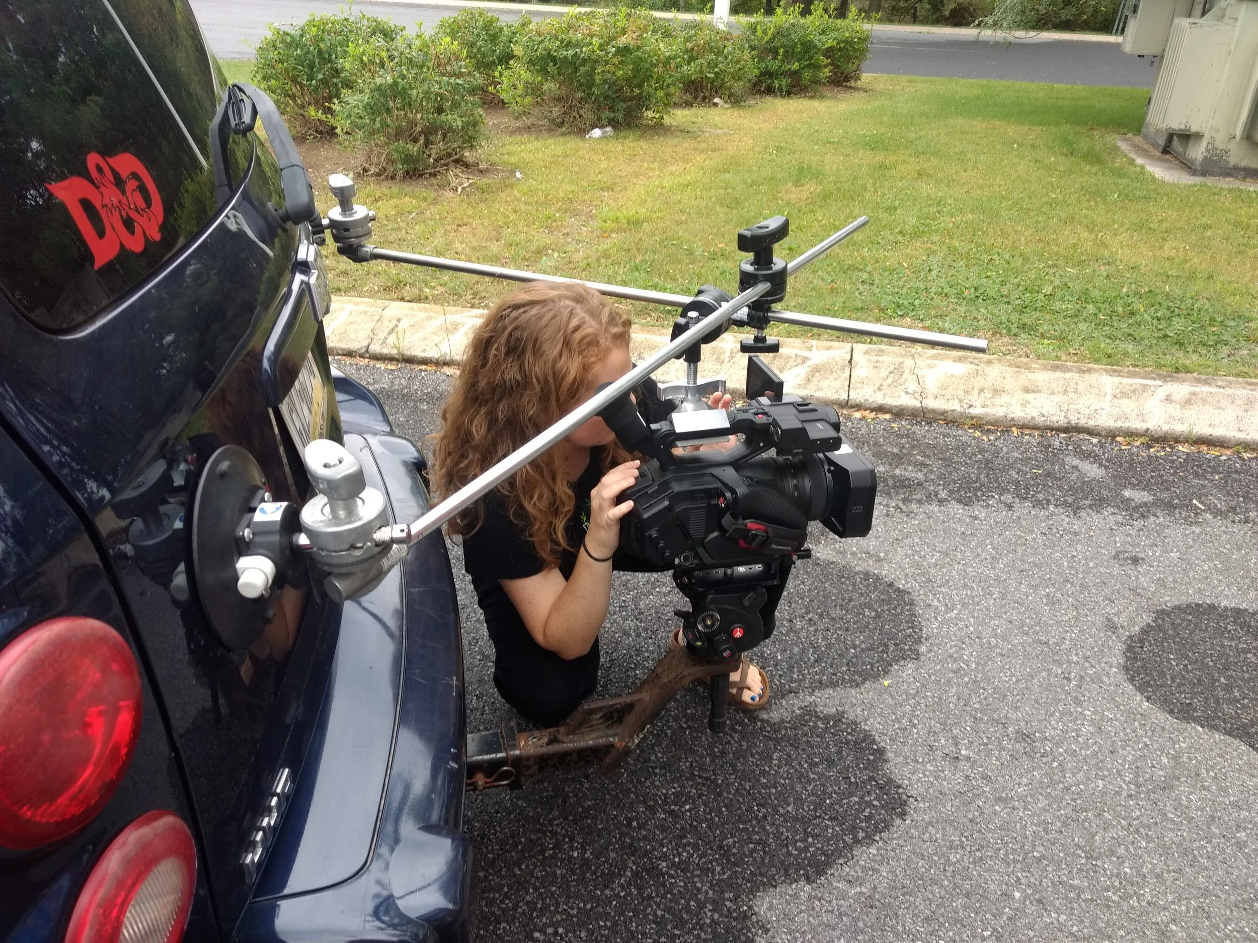 A tailgate POV from a custom car mount. 