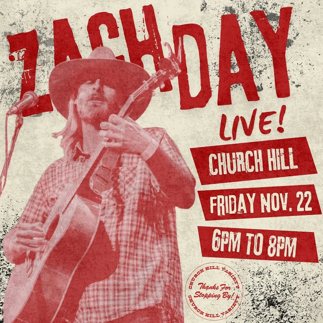 You know him, you love him, @zachdayofficial is back at Church Hill Variety tonight. 🪩 Our heaters are up so it’ll be warm and cozy 🥰