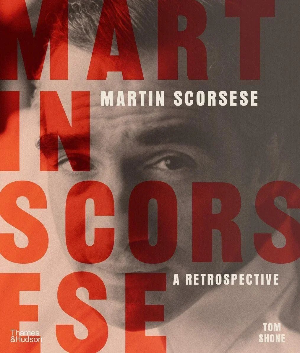 Book cover featuring a black and white close-up of a young man's face, with the large red text "MARTIN SCORSESE" and smaller white text "A RETROSPECTIVE" and author name "TOM SHONE".