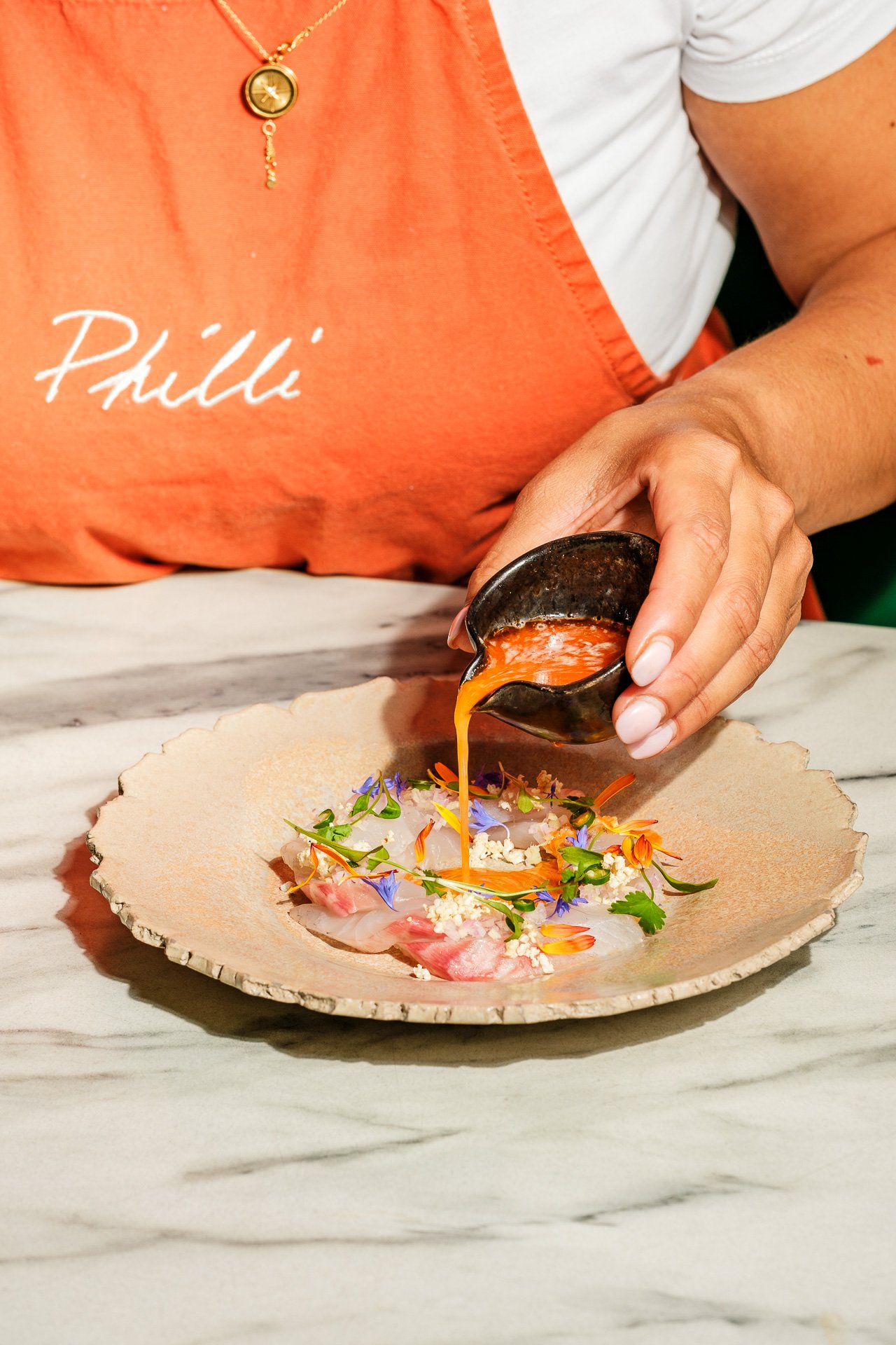 Number One Park Lane Taste Kitchen by Philli Sea bass kinilaw with prawn oil portrait 2.jpg