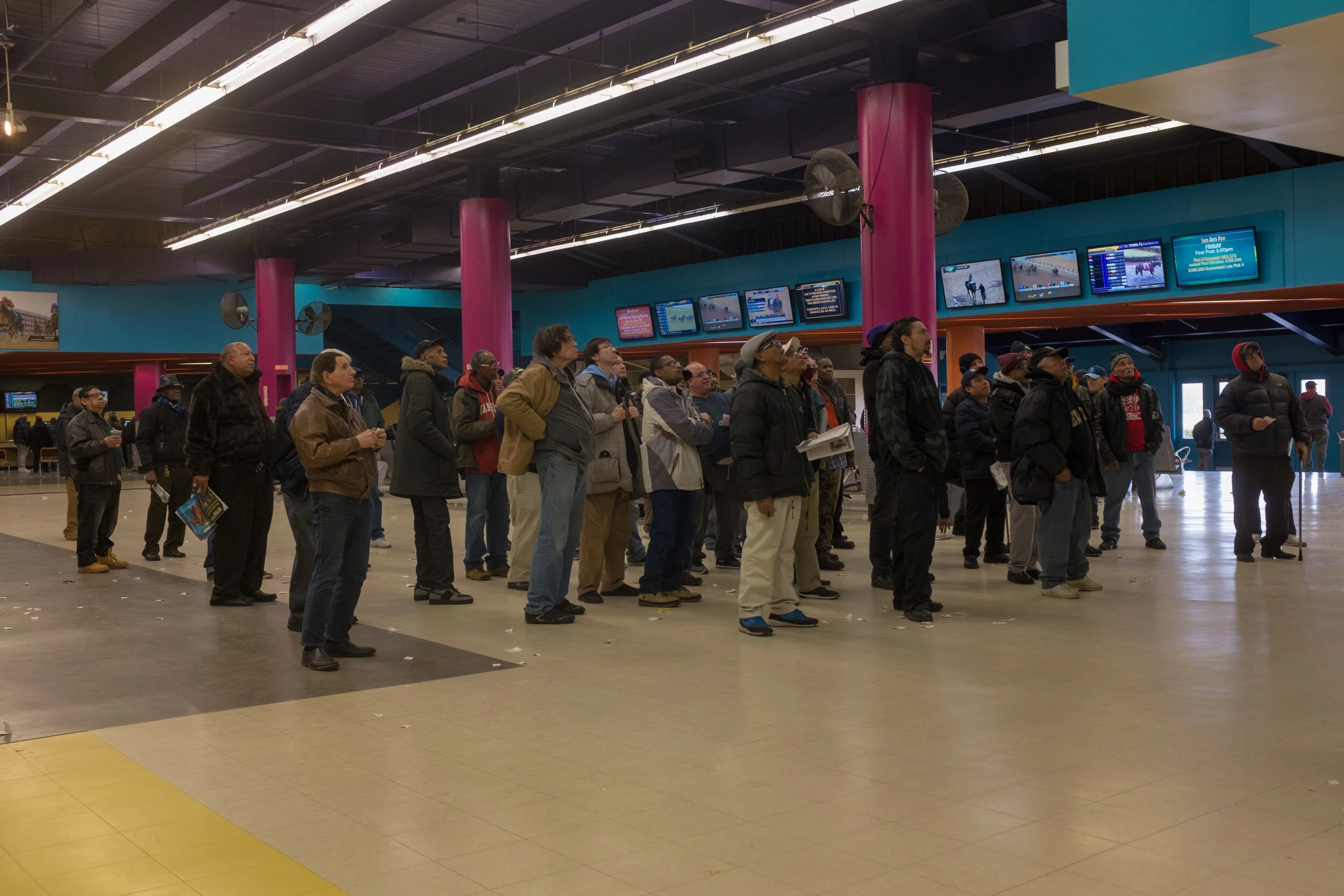 Aqueduct Racetrack guests watch television screens as a race transpires.