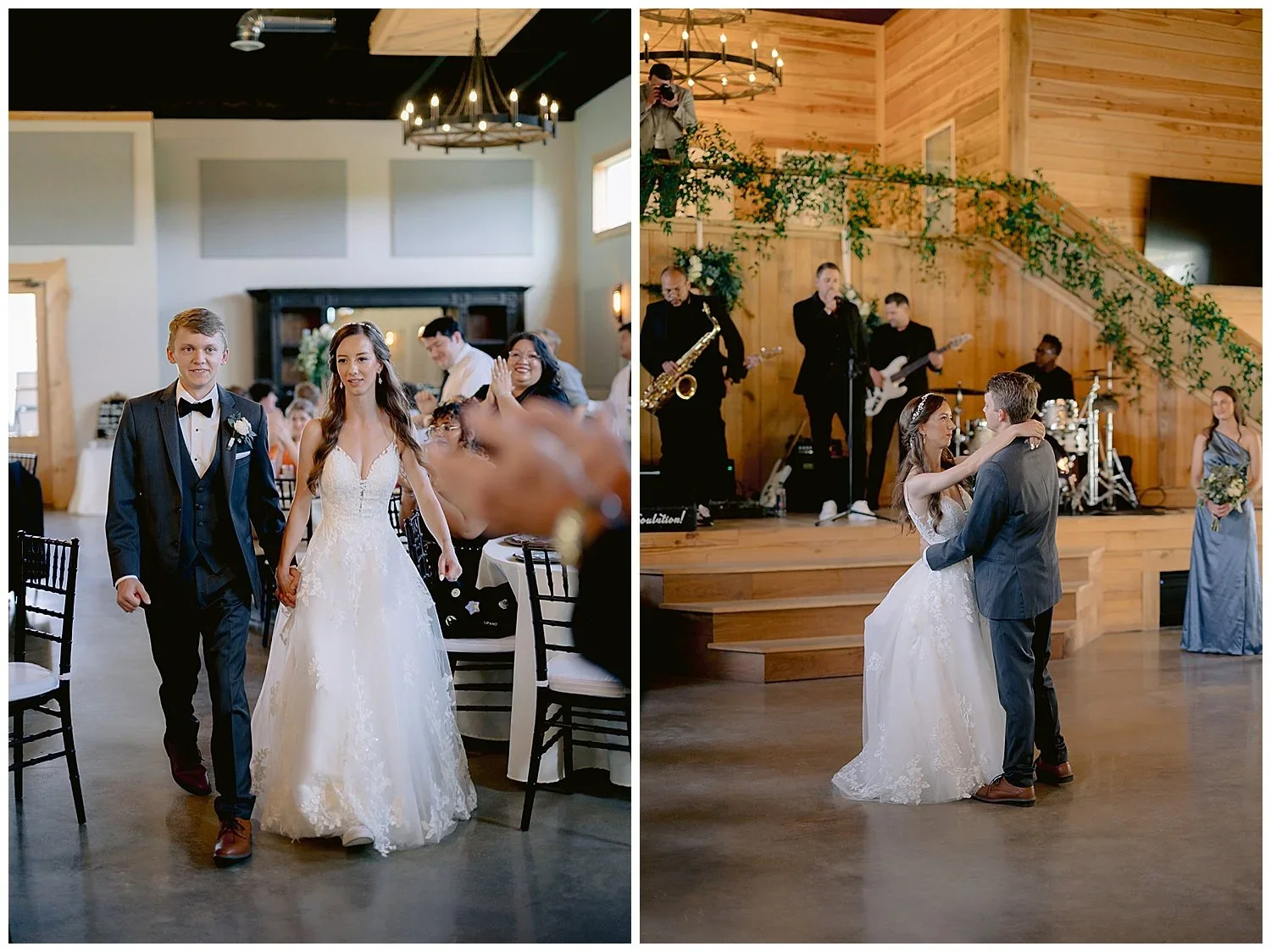 Hannah and Gabriel entering their reception and dancing in front of Soulution at Goshen Farms. Photography by Roxanne Still / Still Co.