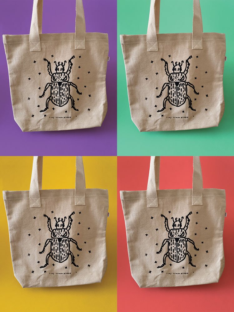 Four photos of a natural canvas tote bag with a screen printed image of a beetle.