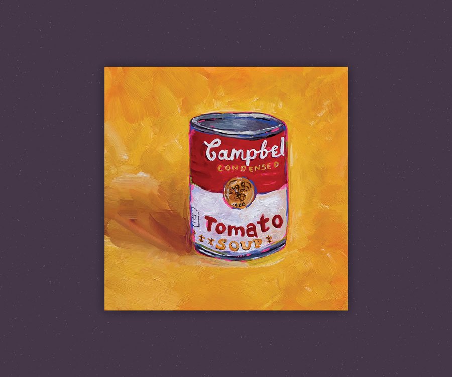 Overview of an acrylic gouache painting of a can of Campbell's Tomato Soup on a textured yellow background.