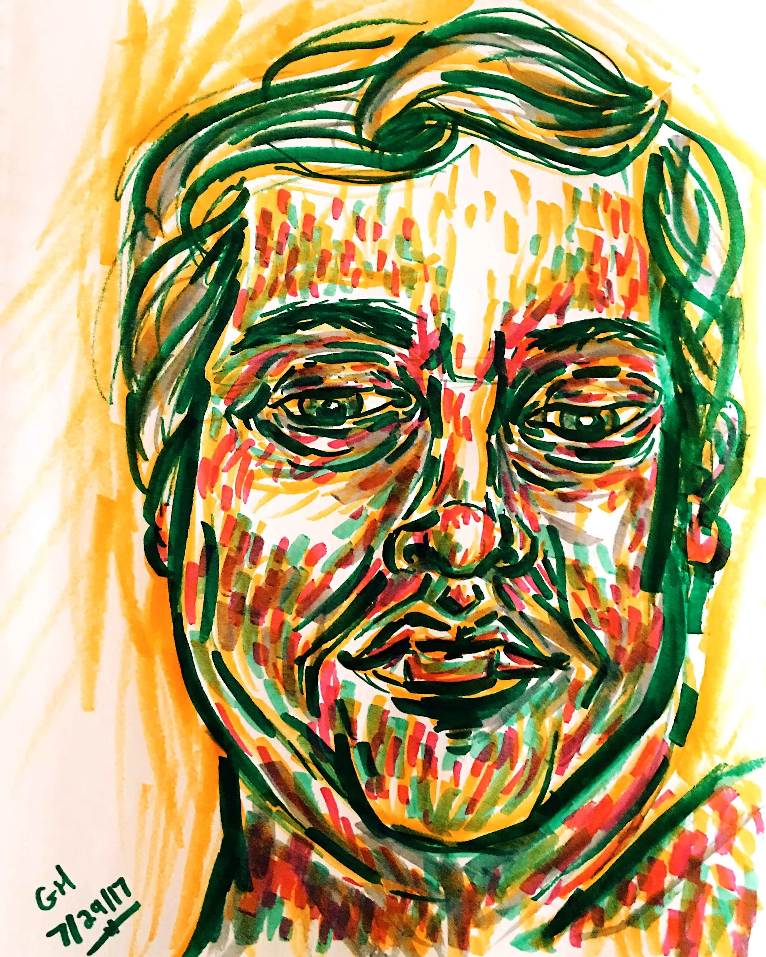 Portrait of a man using Crayola markers.